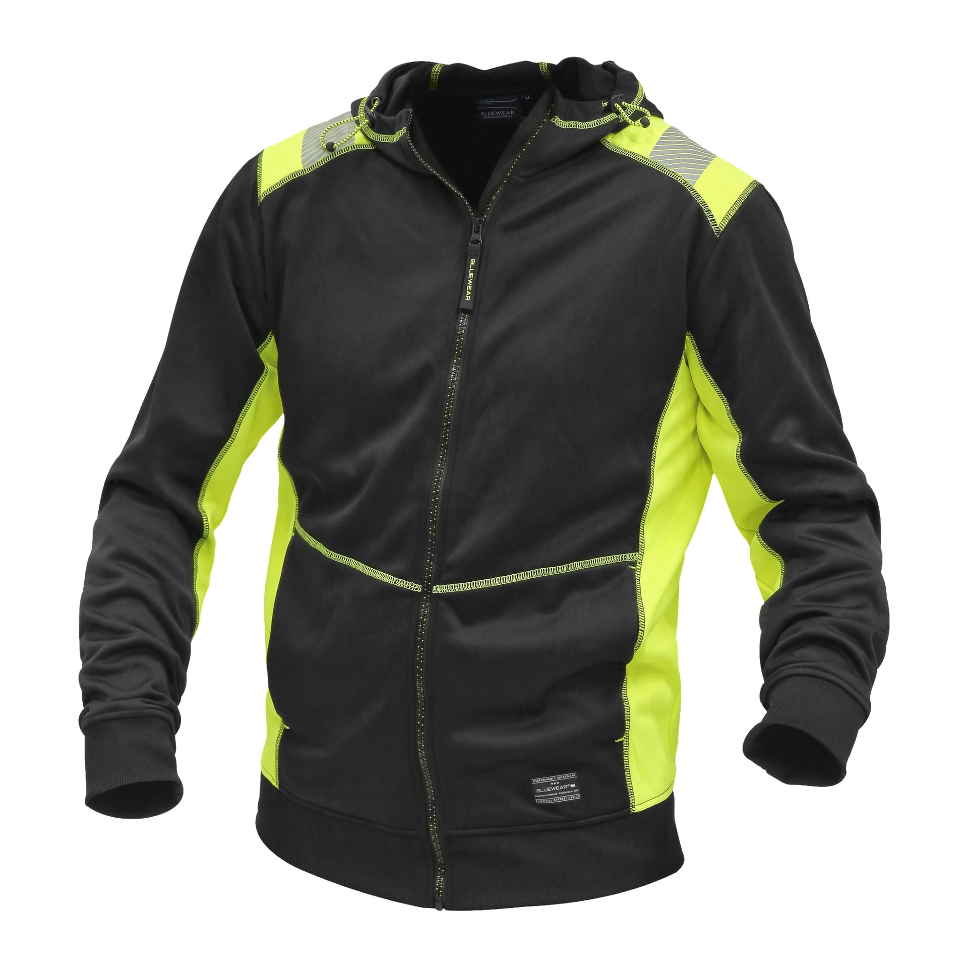 Męska bluza Bluewear Felix to czarno-neonowo-żółta kurtka na zamek z dwoma bocznymi kieszeniami, refleksyjnymi akcentami na ramionach, prążkowymi mankietami i brzegiem oraz widocznym przeszyciem.