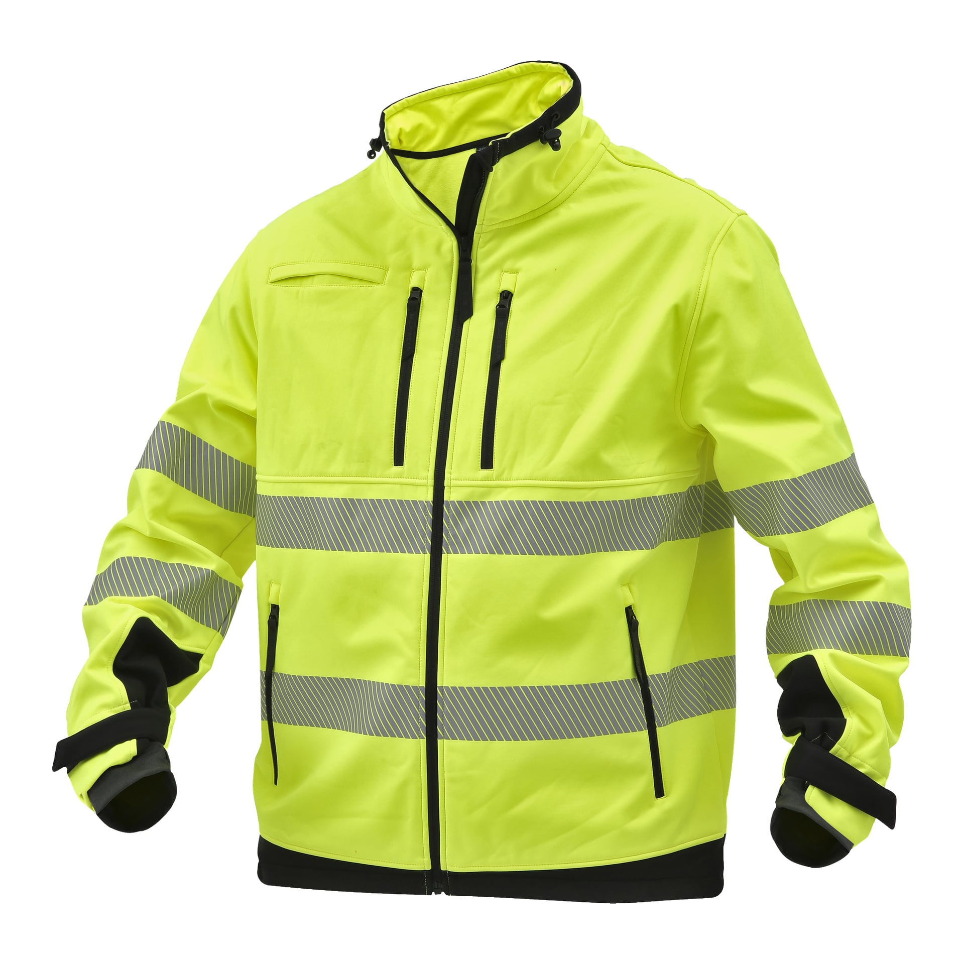 Bluewear Hi-Vis softshell-jacka Toronto är neongul med svarta dragkedjor, svarta manschetter, hög krage och reflekterande silverränder över bröst och ärmar.