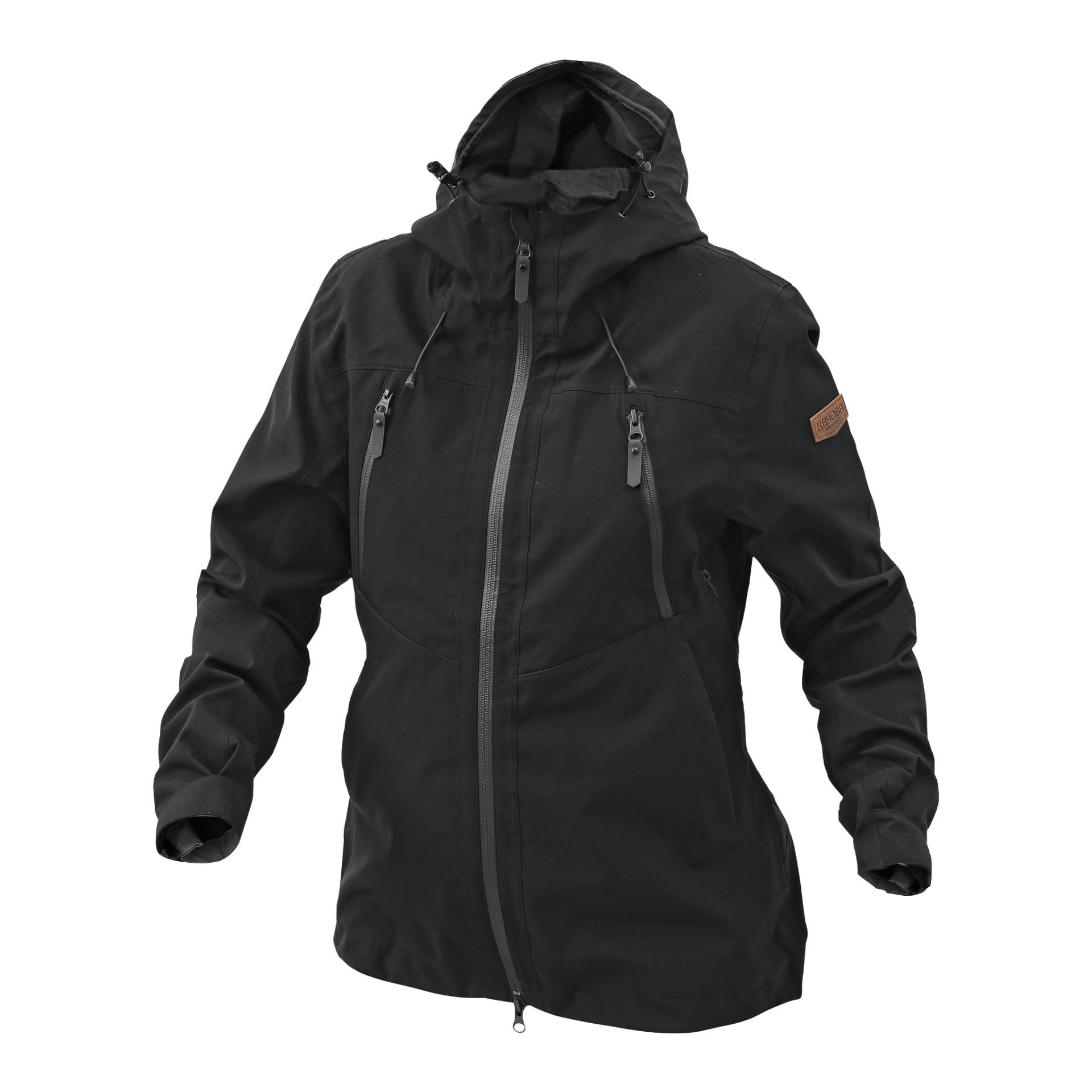 Kayoba Outdoor Women's shelljacka med svart huva och justerbara dragsnören, flera fickor med dragkedja, dragkedja fram och en märkespatch på övre vänstra ärmen.