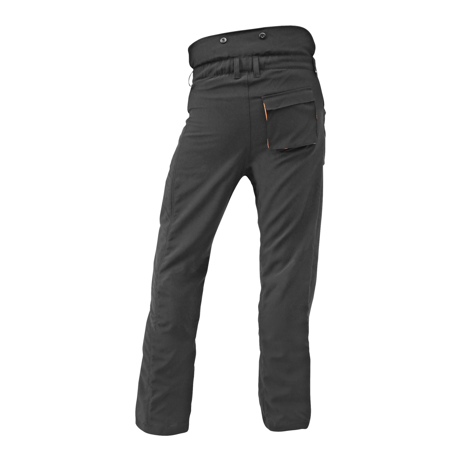 Svarta Oregon Yukon Saw Protection Trousers visas bakifrån, med en enda höger bakficka med orange kant, utrustad med bältesöglor och framträdande sömmar.