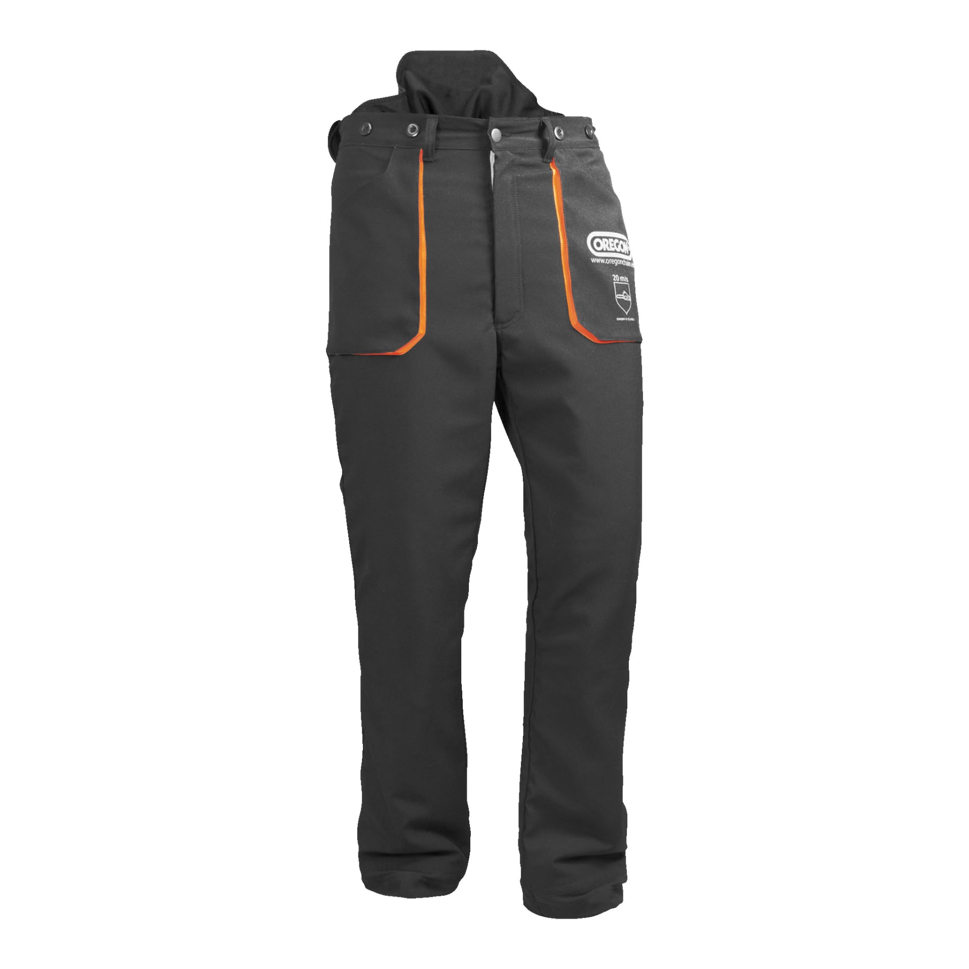 Svarta Oregon Yukon-motorsågsskyddsbyxor med orangekantade fickor och Oregon-logotypen på höger ben, avsedda att ge säkerhet vid aktiviteter som att använda motorsåg.
