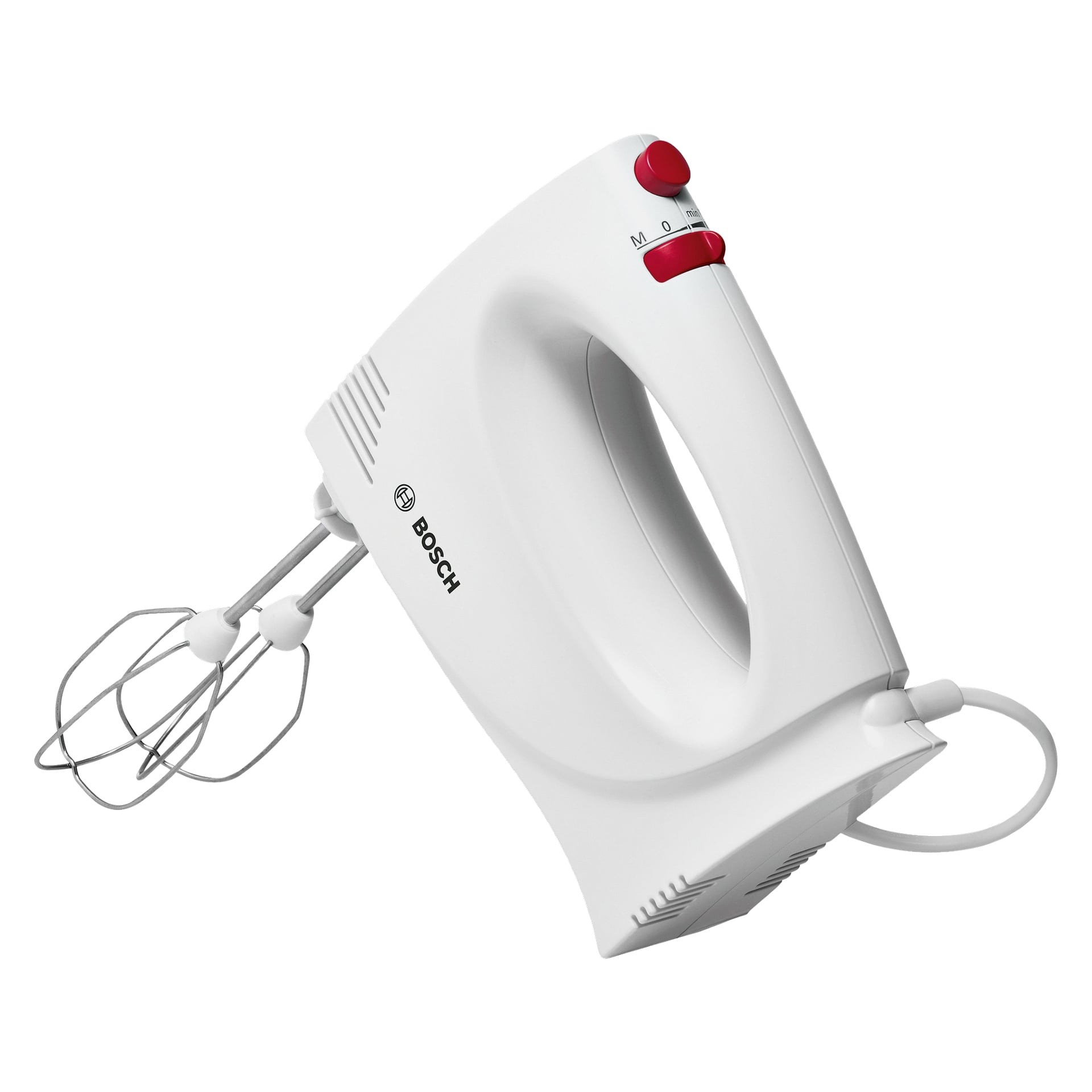 Bosch Home Electric Whisk MFQP1000, w kolorze białym, ma dołączone dwa metalowe ubijacze. Na górze widnieje zakrzywiona rączka, logo Bosch Home oraz dwa czerwone przyciski na górze. Przewód zasilający wystaje z tyłu urządzenia.