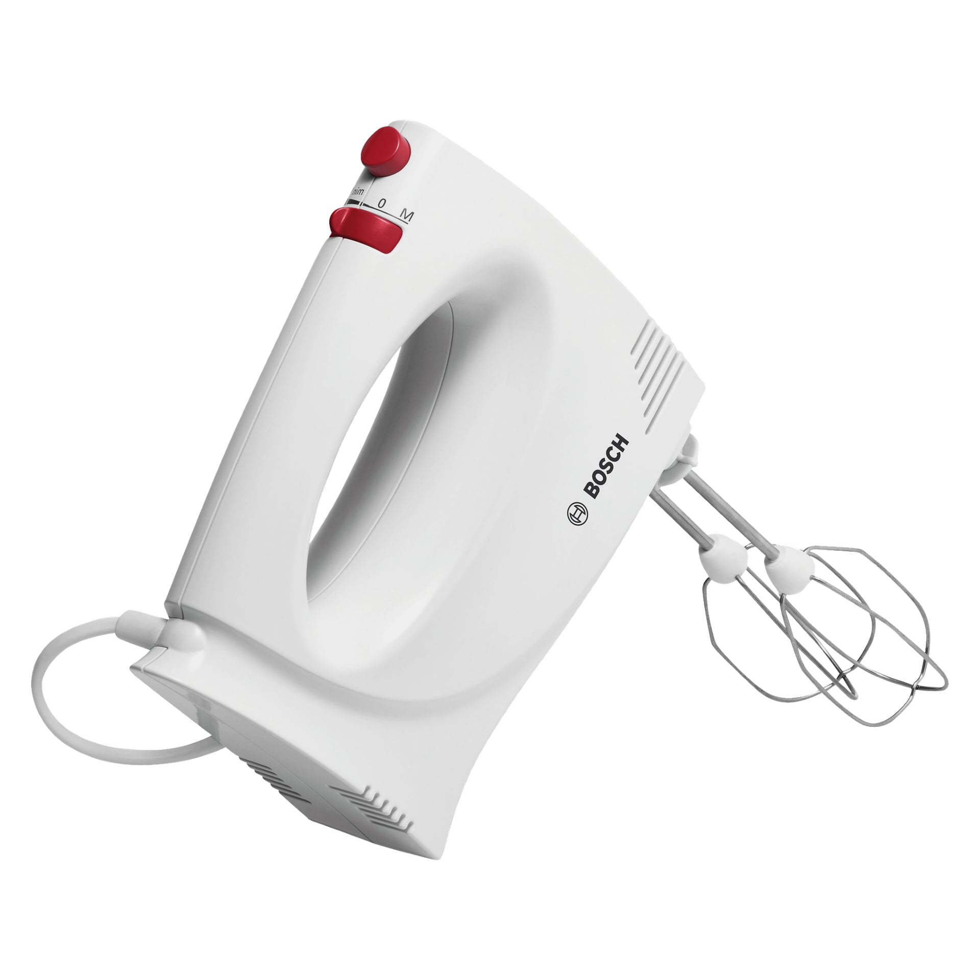 Biała MFQP1000 Bosch Home Electric ma dwa metalowe trzepacze, uchwyt, kabel zasilający oraz dwa czerwone przyciski na górze. Mikser ustawiony jest pod kątem, a bijaczki skierowane są w dół.
