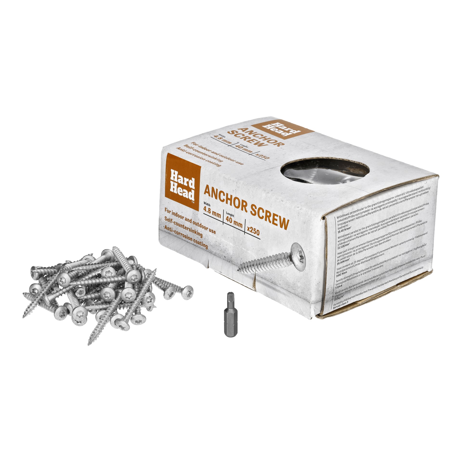 En låda med 250 paket Hard Head Anchor-skruvar märkta 4,8 mm x 40 mm, innehållande självborrande ankarskruvar, med flera skruvar, en skruvmejselbit och lösa skruvar placerade framtill.