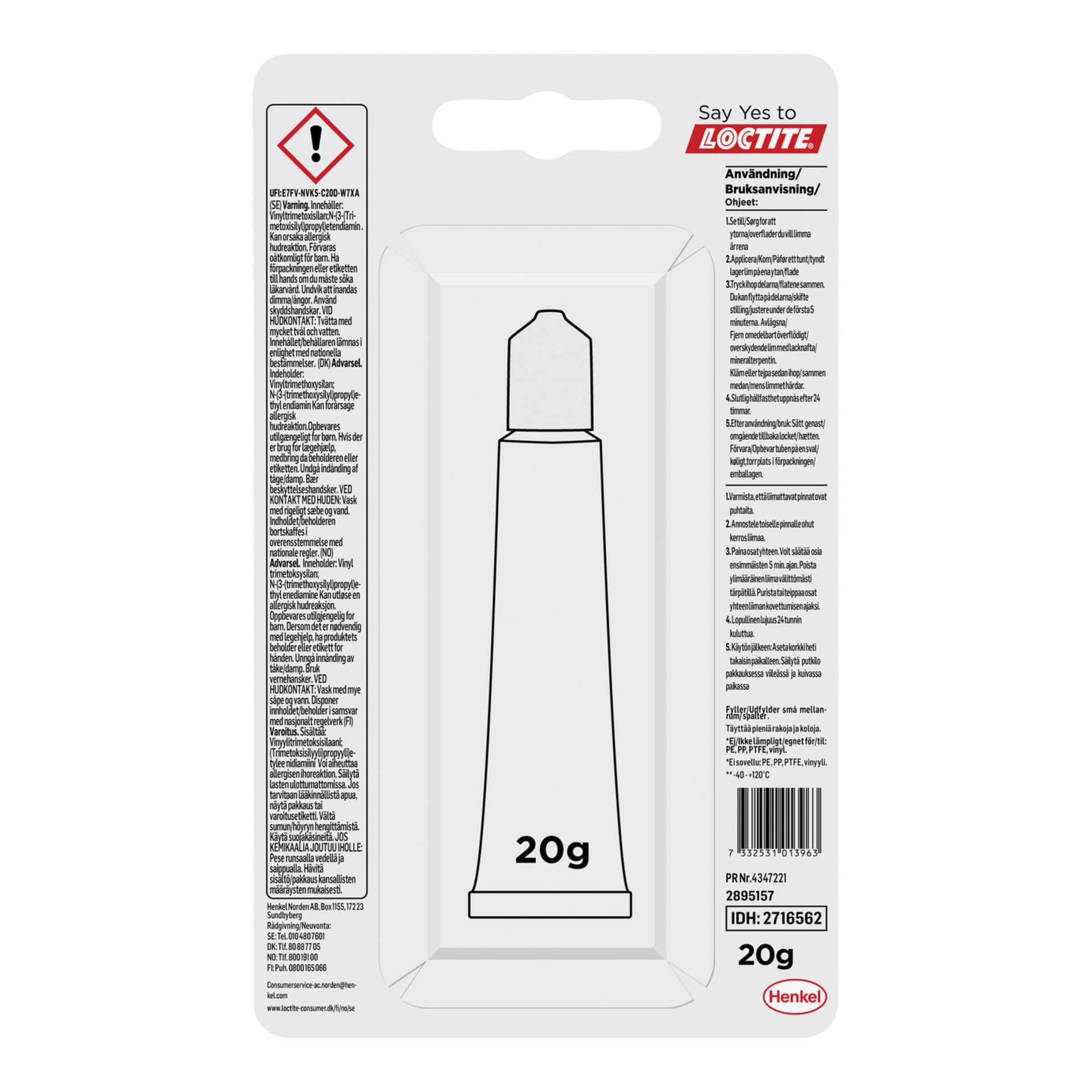 En 20g tub Loctite superlim i originalförpackningen, med varningsetiketter och användningsanvisningar.