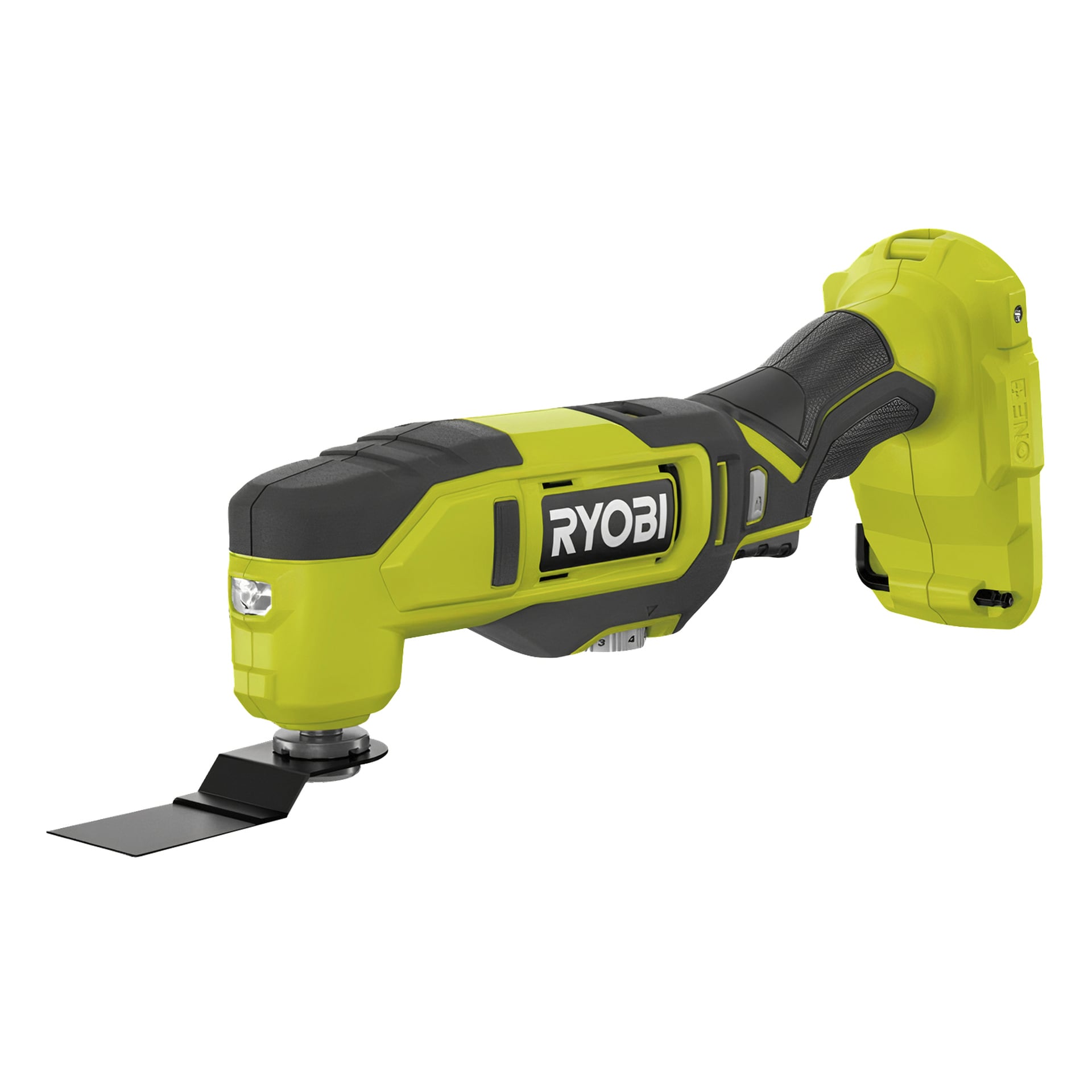 Żółto-bezprzewodowy multitool Ryobi z oscylacją z płaskim ostrzem, widokiem z boku, z ergonomiczną chwytką i logo RYOBI.