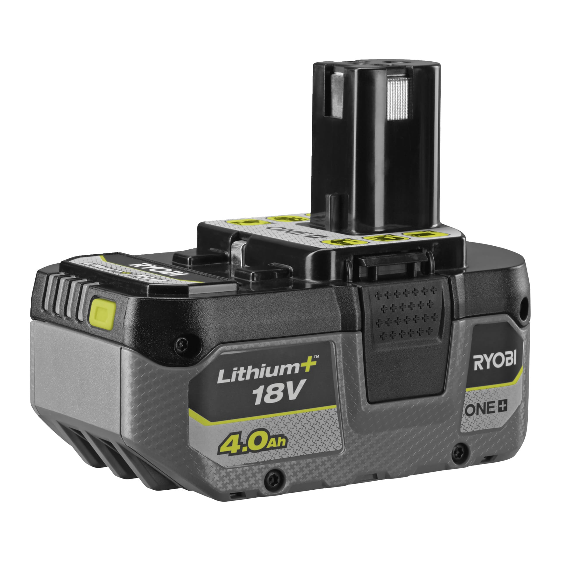 Bateria elektronarzędzi Ryobi 18V Lithium+ 4.0Ah z czarno-szarym korpusem, żółto-zielonymi etykietami i złączem na górze.