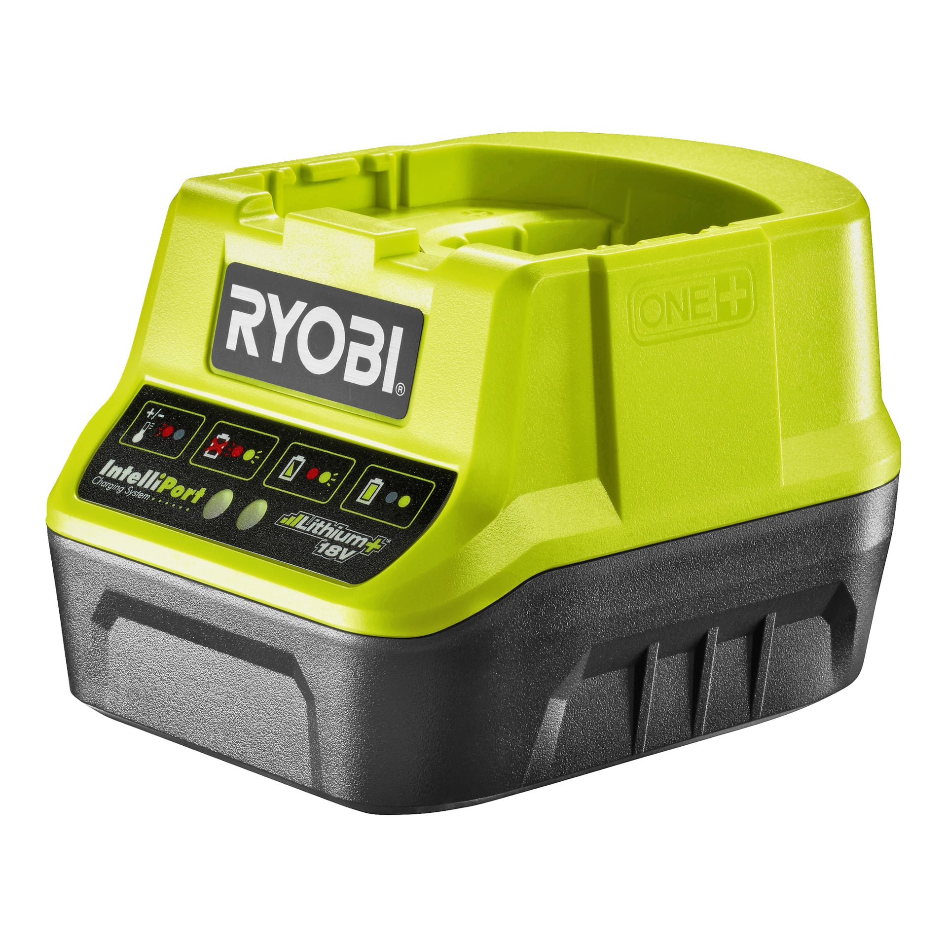 Żółto-ładowarka Ryobi ONE+ IntelliPort 18V z przednimi kontrolkami i oznaczonymi przyciskami.