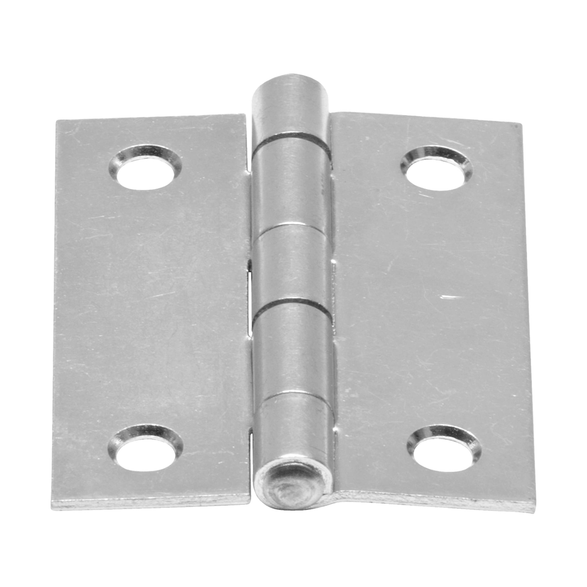 En närbild av Hard Head Hinge 2-packet visar ett silverfärgat metallgångjärn med fyra skruvhål, två på varje platta.