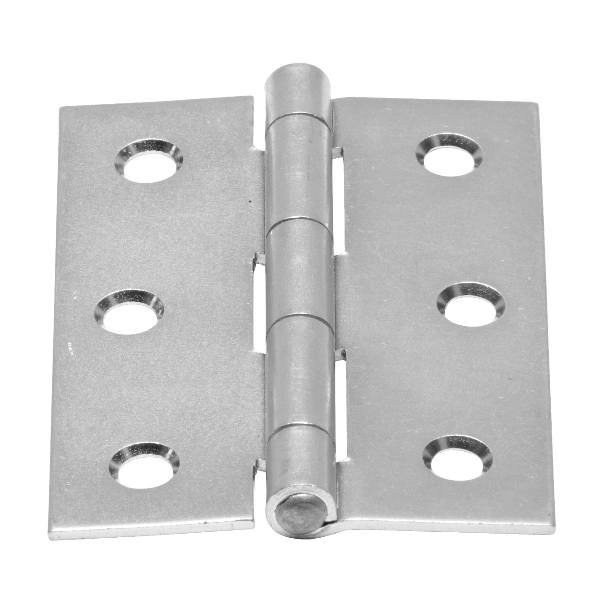 En närbild på ett Hard Head Hinge 2-pack, varje gångjärn gjort av silvermetall med tre skruvhål på båda sidor.