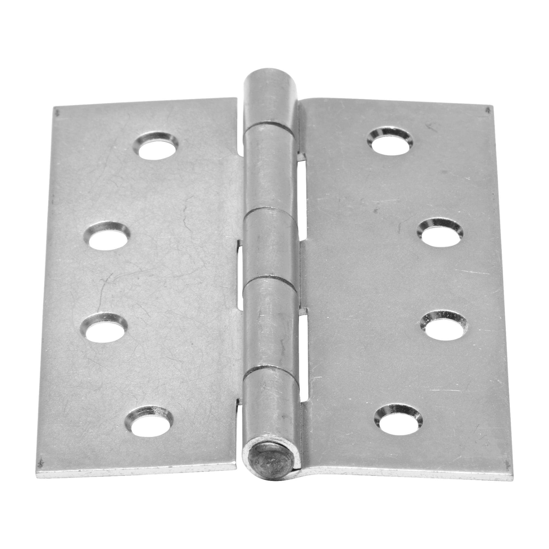 Ett 2-pack med Hard Head silverfärgade metallgångjärn, vardera med sex skruvhål – tre per sida – och sammanfogade med en central stift.