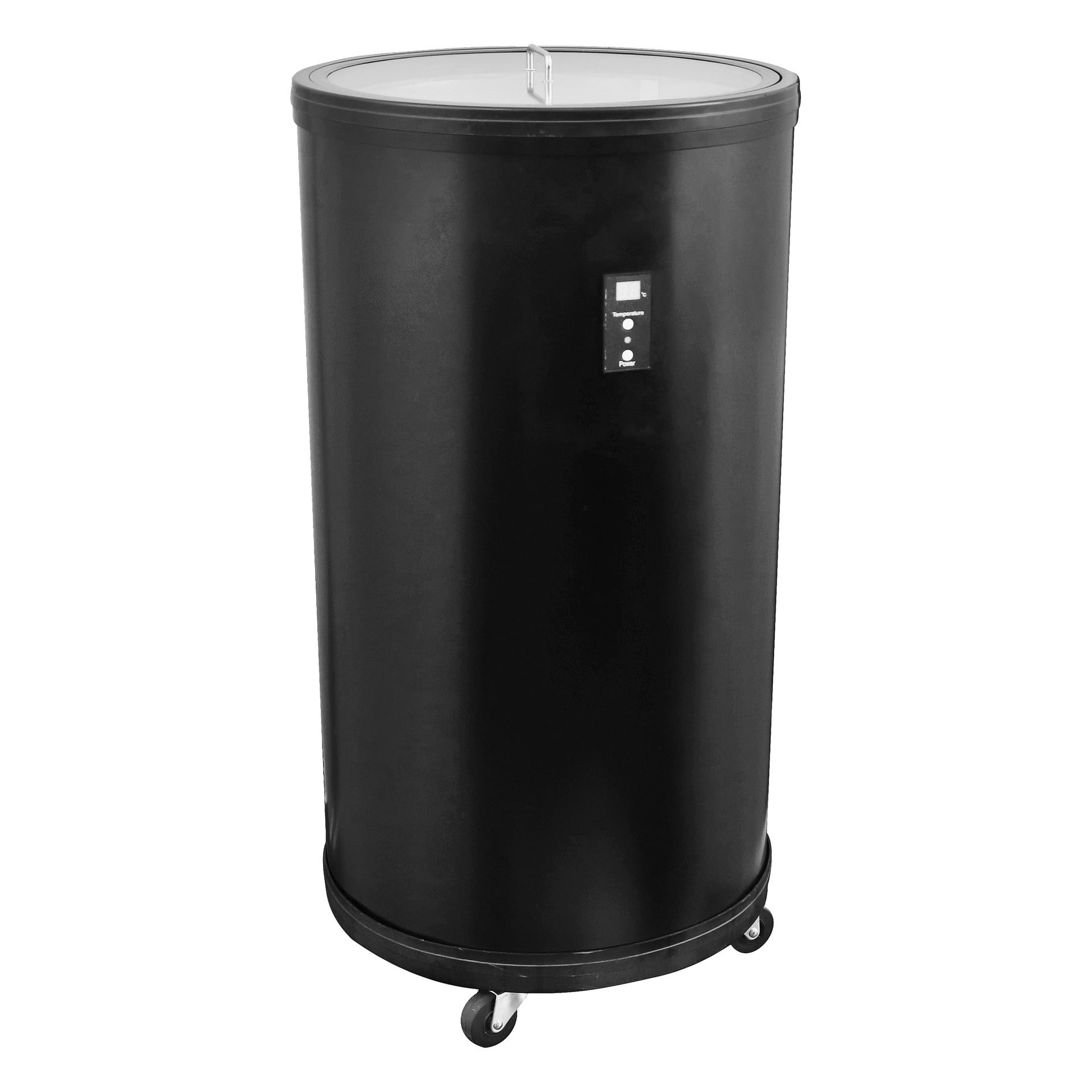 En rymlig, svart cylindrisk Bright Party Cooler med stängt lock, en kompakt digital kontrollpanel fram och fyra hjul under för enkel rörlighet.