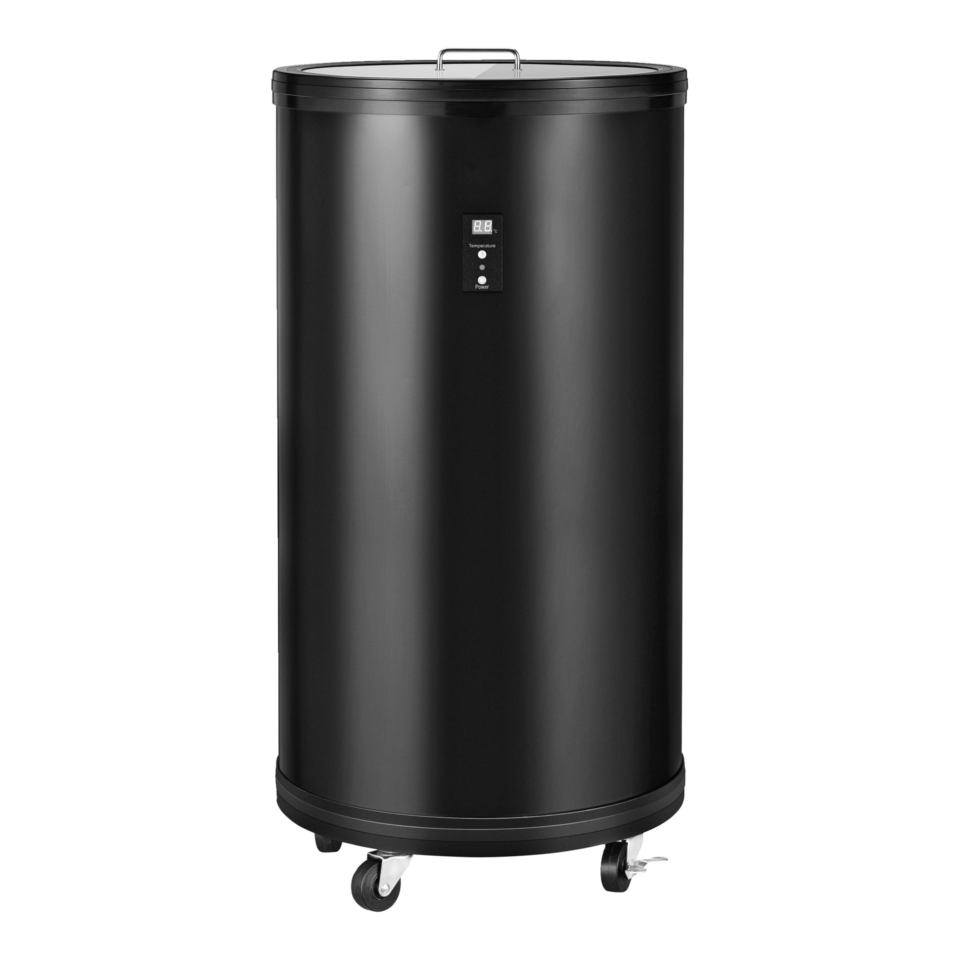 En slank, svart Bright Party Cooler med en blank cylindrisk form, digital display och kontrollknappar på frontpanelen, ett handtag på toppen för enkel bärning och fyra hjulhjul fästa vid basen.
