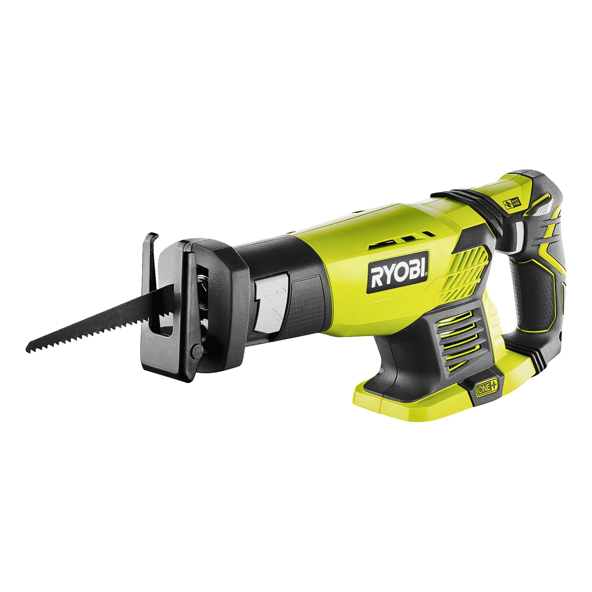 Batteriløs Ryobi stempelsag i gult og svart, med svart håndtak og synlig saggete blad foran.