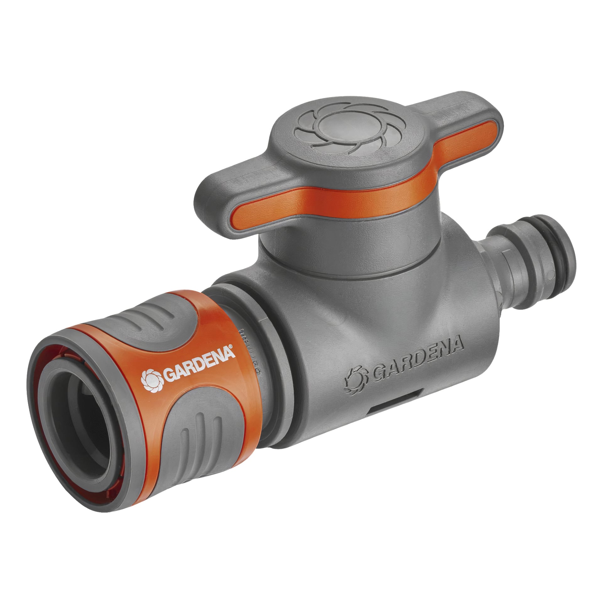En grå plast Gardena Quick Coupling med styrventil är accentuerad med orange detaljer och har ett roterande handtag på toppen. Gardena-logotypen finns på sidan, och kontakten inkluderar kopplingar för enkel anslutning till slangar eller andra trädgårdsredskap.
