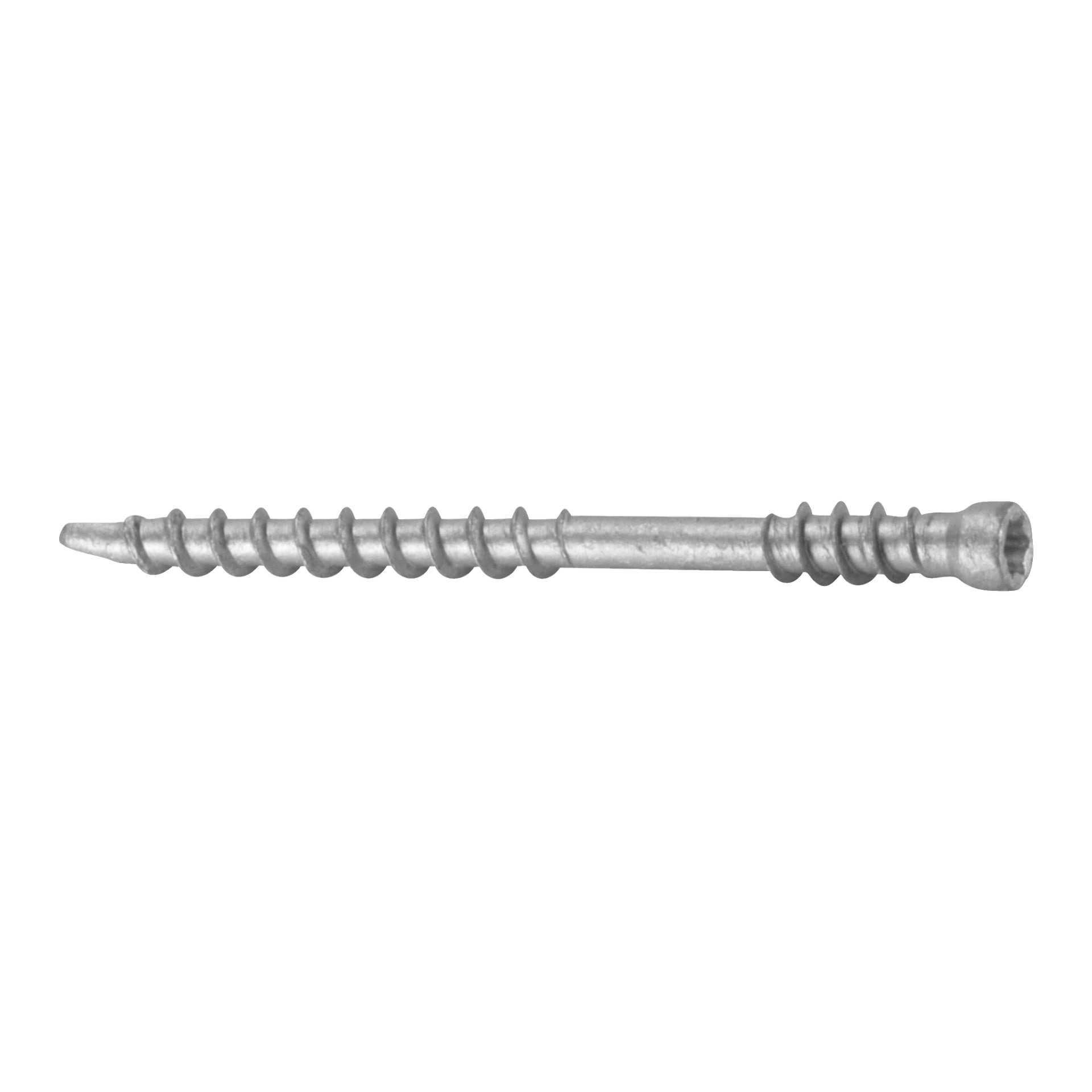 En detaljerad vy av en Heco-däck och panelskruv från ett 150-pack visar dess metalliska silveryta, skarpa spets, delvis gängade stam och smala cylindriska huvud. Skruven ligger horisontellt.