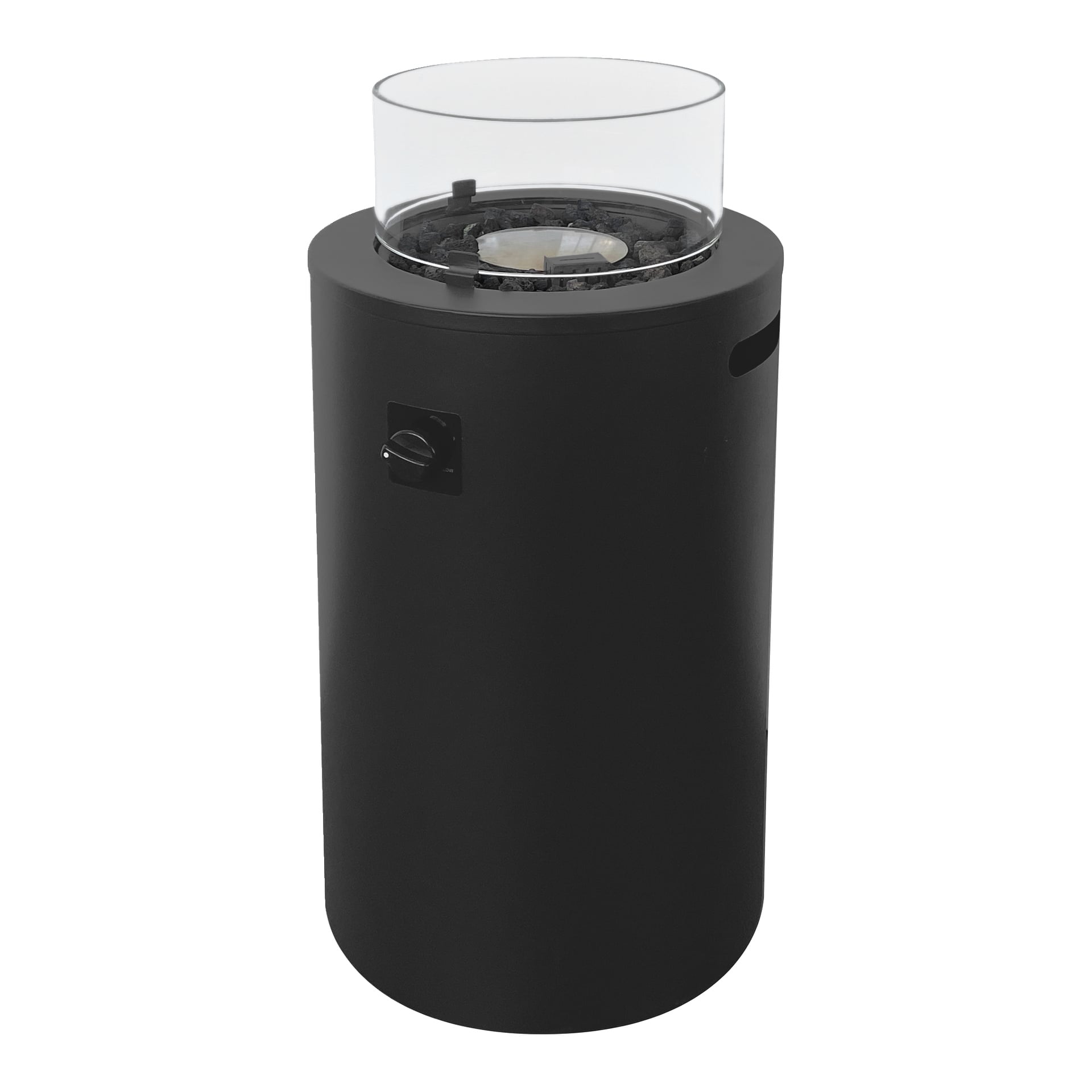 EKVIP:s tornformade eldstad har en slank svart cylindrisk design med en glasvindskydd ovanpå, en sidoknopp för att justera lågan och ett inbyggt handtag för enkel transport. Inuti är den fylld med lavastenar.