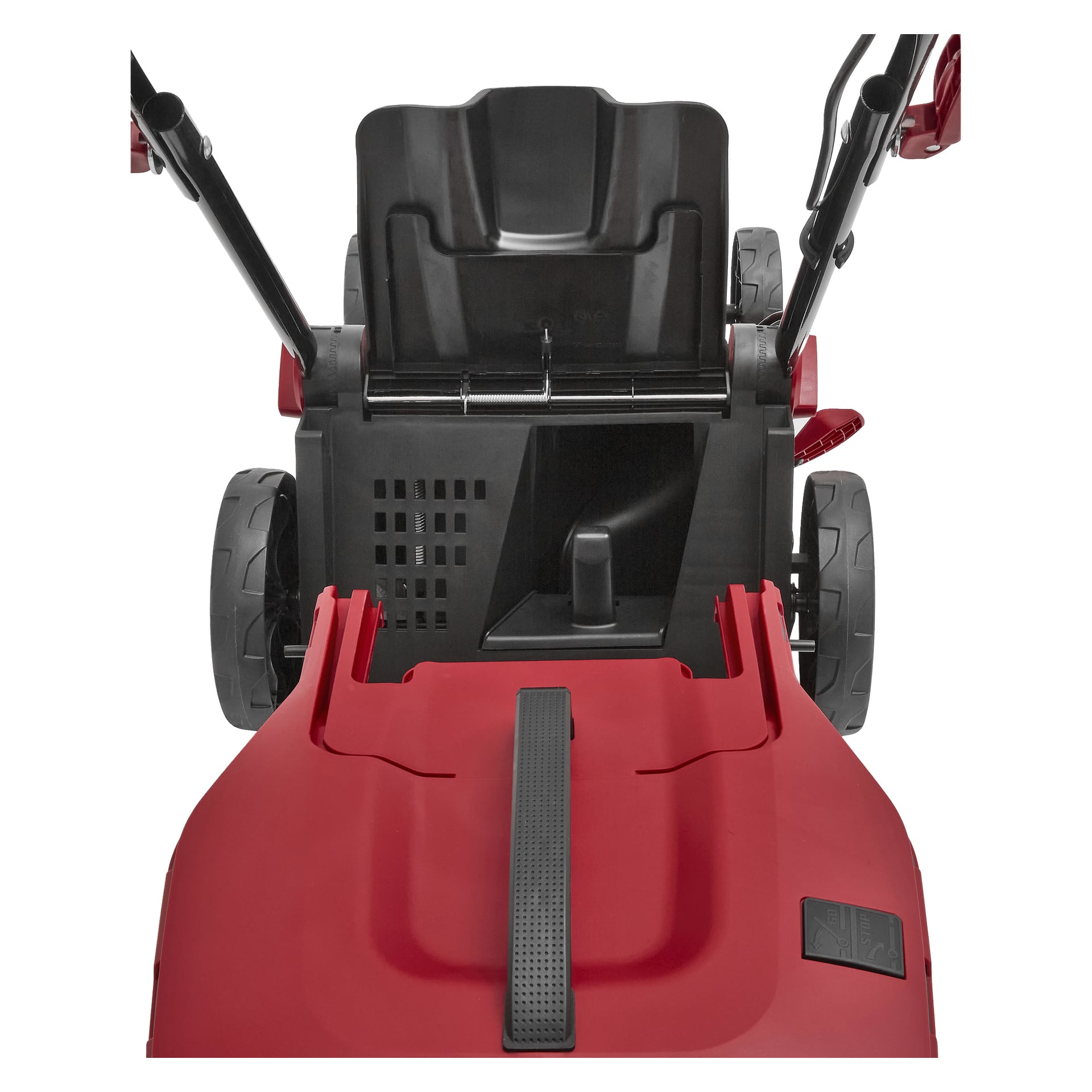 Närbild av bakre delen av en Meec Tools Multiseries 40 V röd gräsklippare, med det svarta handtaget, gräsuppsamlingsfacket, bakhjulen och en del av gräsklipparens kropp markerade.