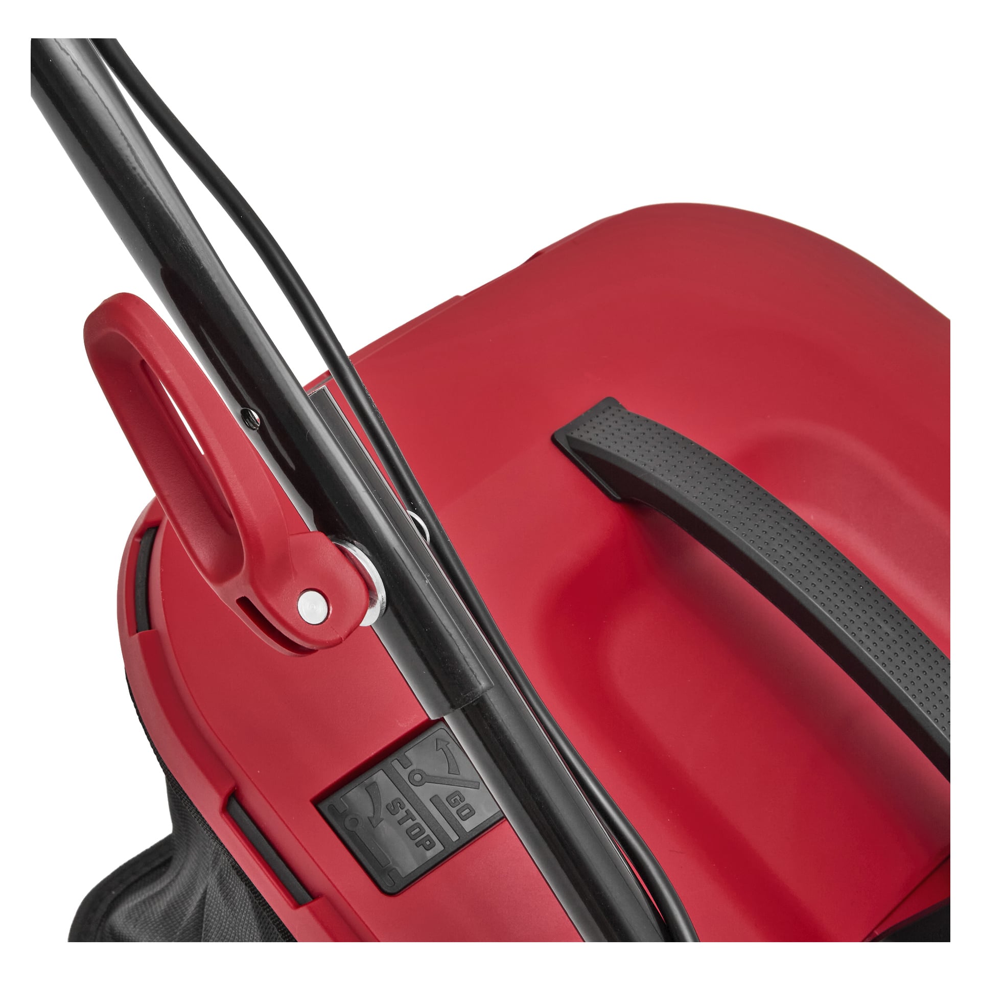 Närbild av ett rött och svart Meec Tools Multiseries 40 V trädgårdsredskapshandtag, som visar spärren och en kontrollpanel med ikoner och etiketter.