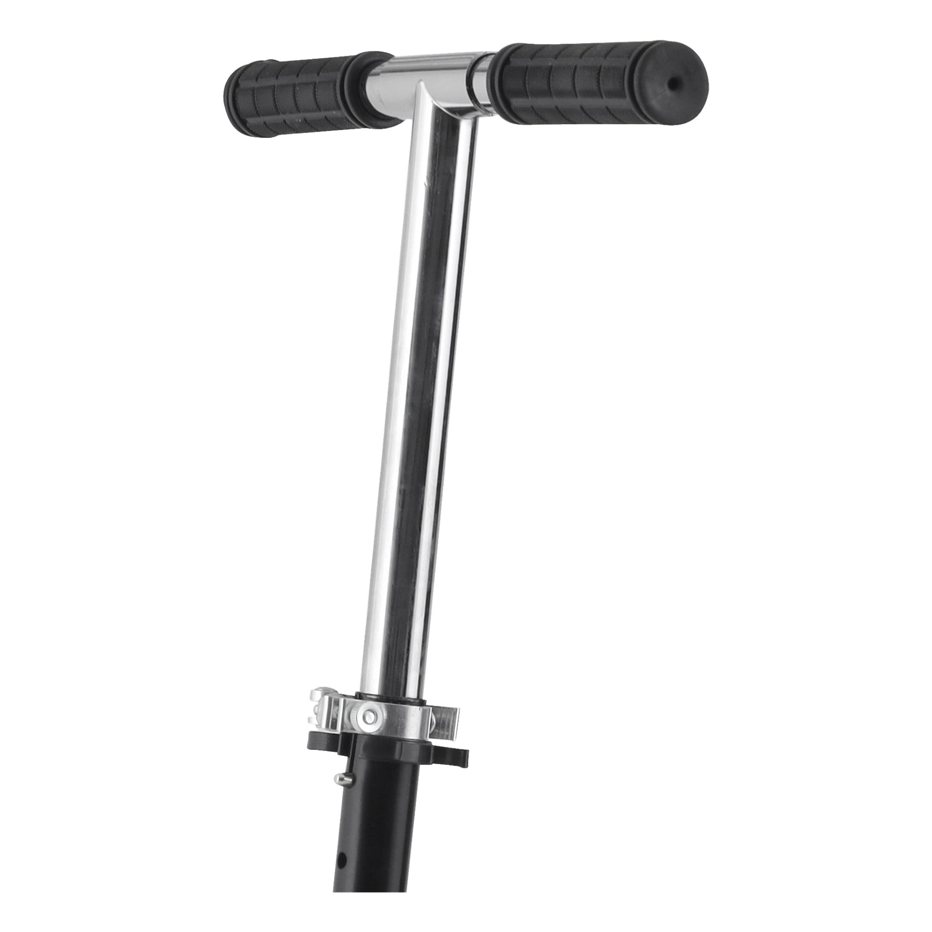 En närbild av Kayoba Folding Snow Scooters styre visar en T-formad metallstång med svarta gummigrepp i båda ändar.