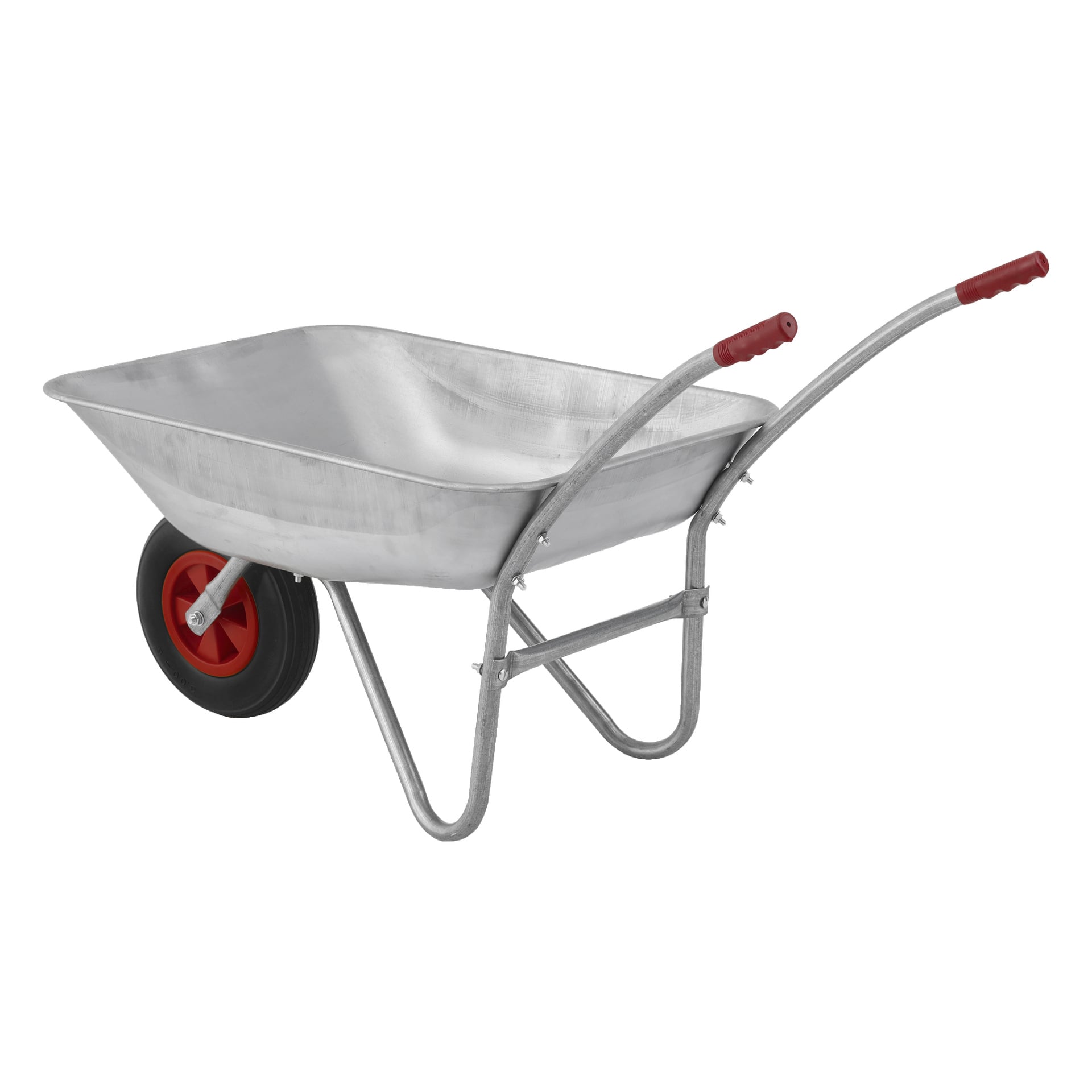 Hard Head Wheelbarrow har en robust metallram, en grund kar, ett svart hjul och röda handtag.