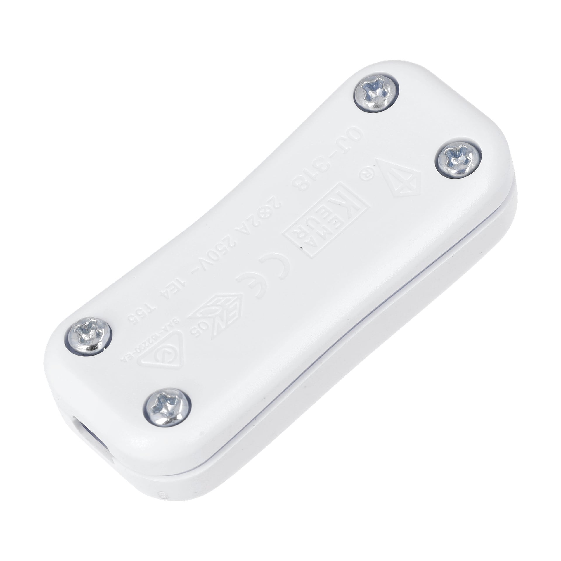 En Anslut in-line switch med vitt elhus, säkrad med fyra silverskruvar och med präglade markeringar, certifieringssymboler och synlig märkning på sin släta yta.