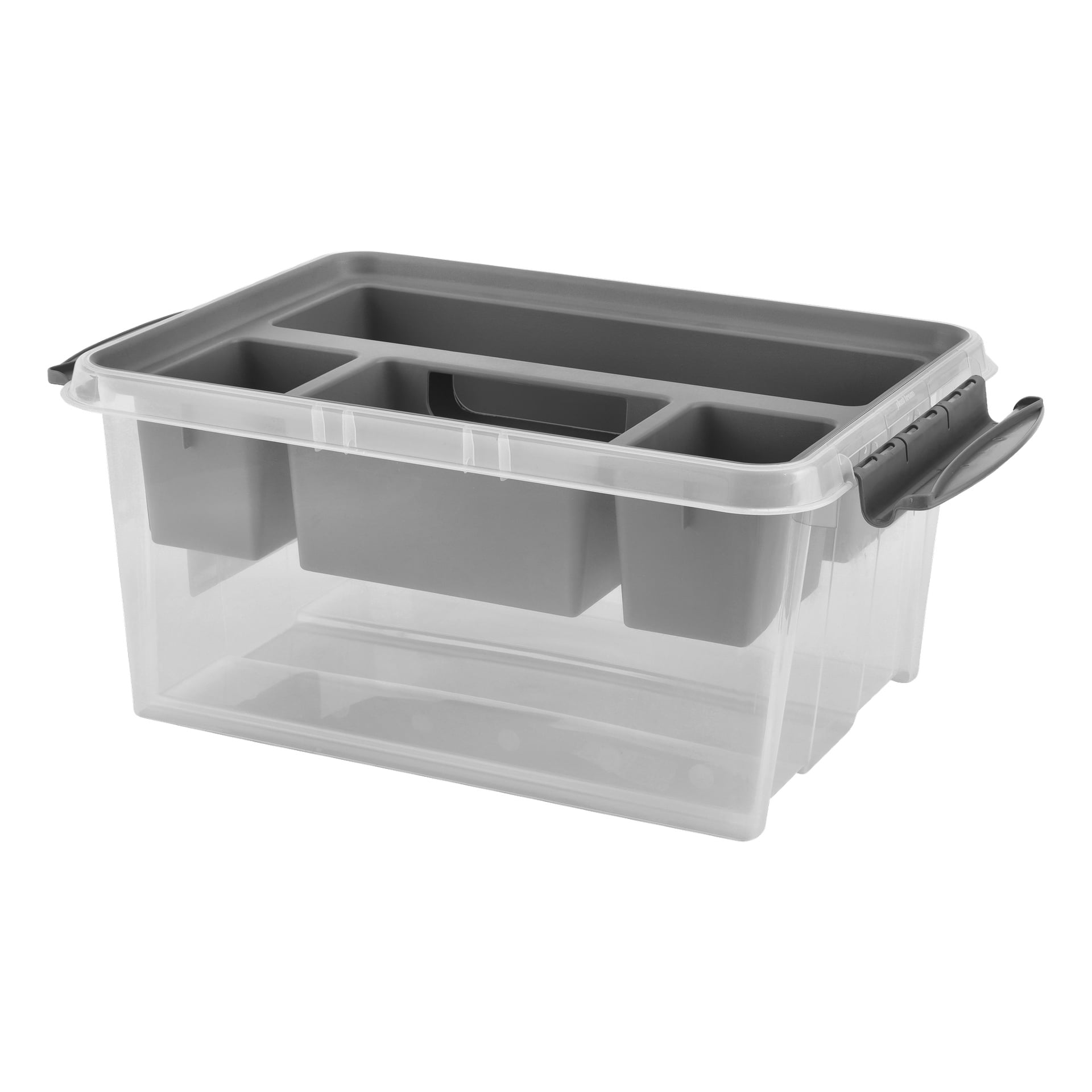 En transparent rektangulär förvaringslåda med grå sidohandtag som låser och en avtagbar grå bricka för att organisera fack.