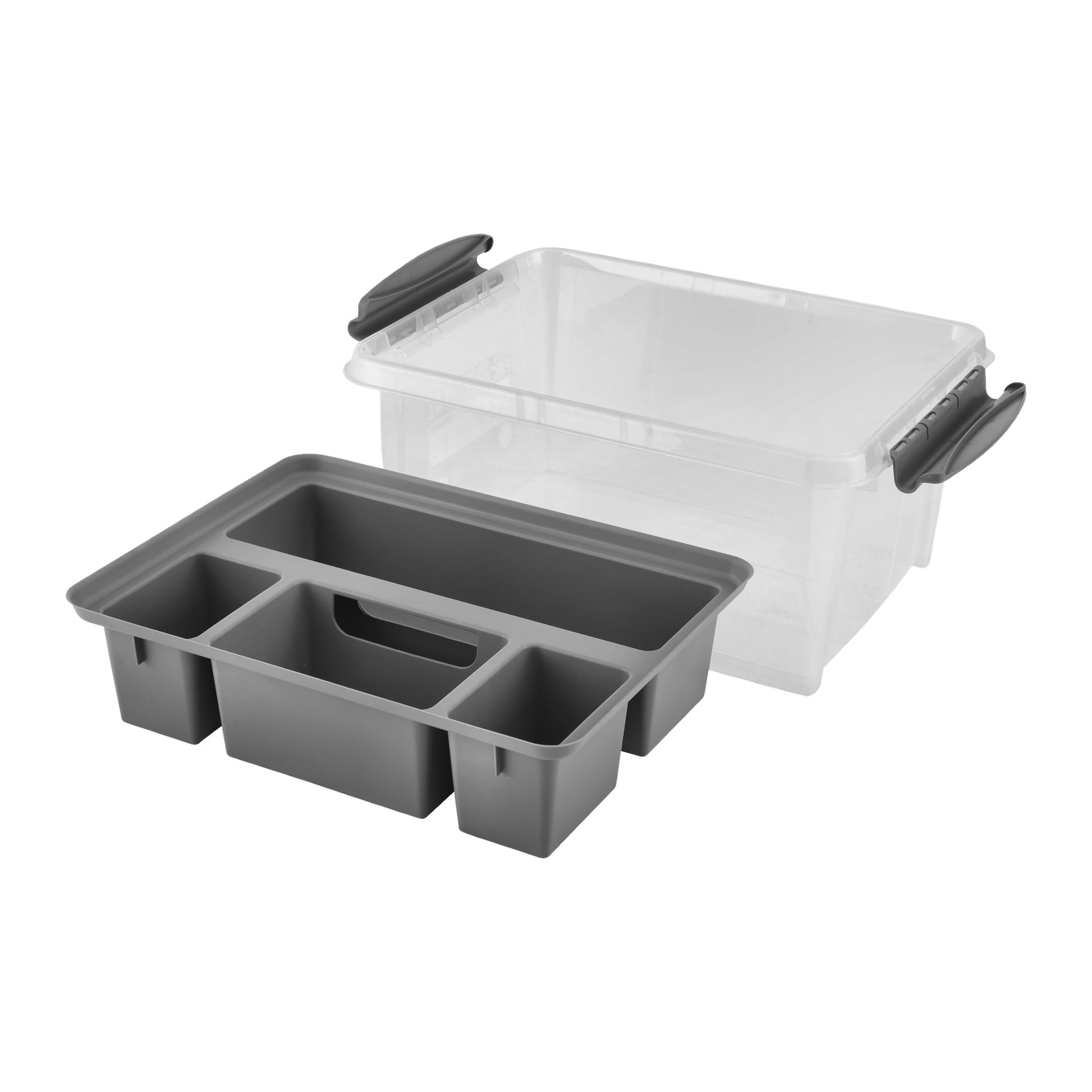En genomskinlig plastlåda för Hard Head Storage med svarta sidohandtag och en avtagbar grå bricka uppdelad i flera fack för organisering av föremål. Den grå brickan placeras framför förvaringslådan.
