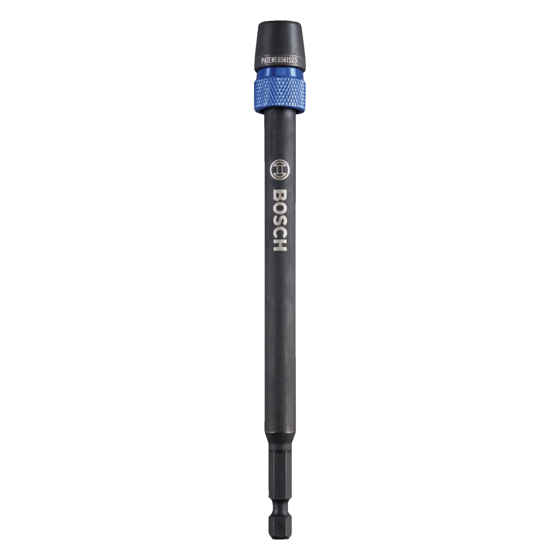 En Bosch Expert Bits-hållare i svart och blått med klar märkning, en hexskaft och "PATENT 6561523" markerat på övre kragen.