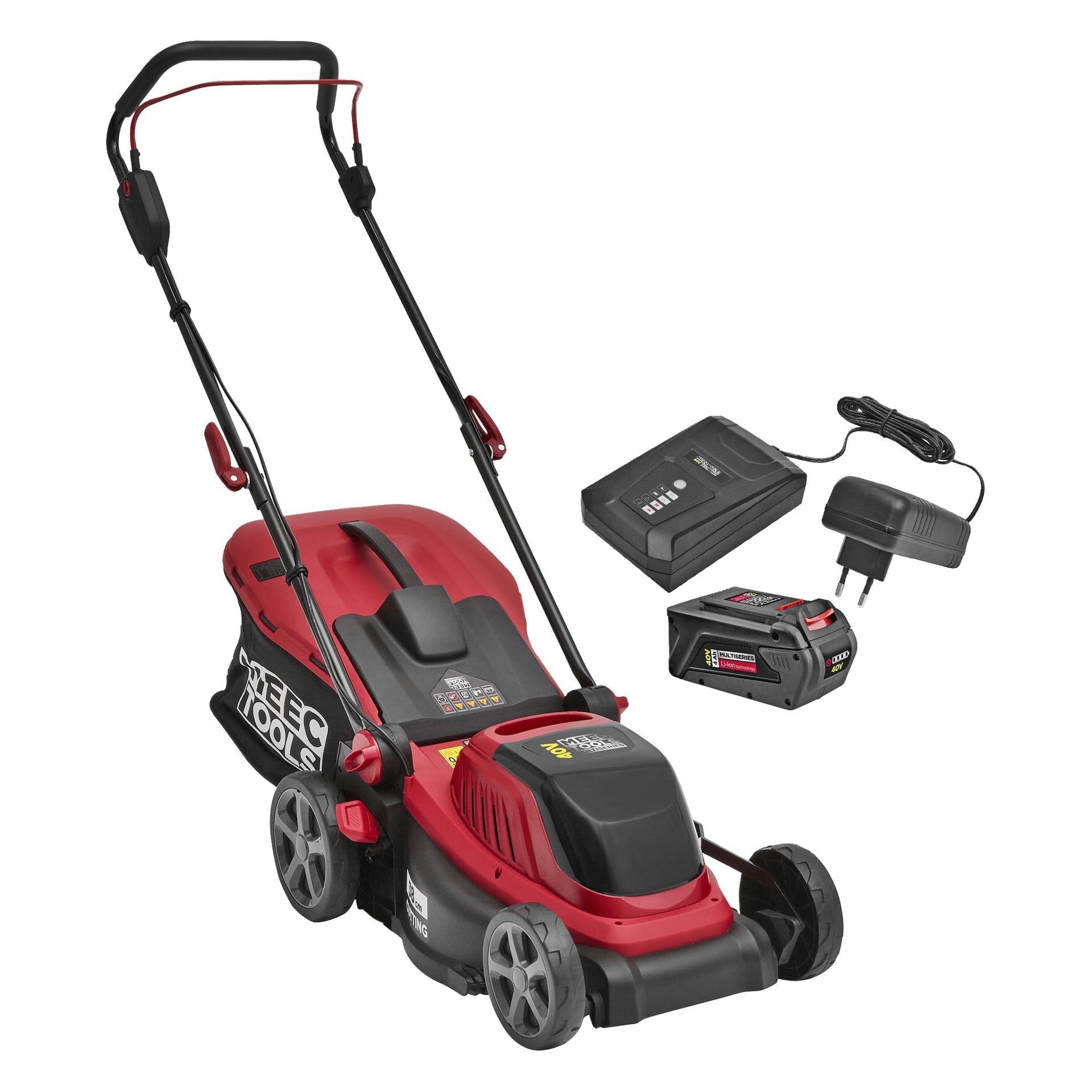 Meec Tools Multiseries 40 V Batteridriven gräsklippare är en röd och svart elektrisk gräsklippare med gräsuppsamlingspåse, visad med löstagbart batteri, laddare och laddningskabel på en vit bakgrund.
