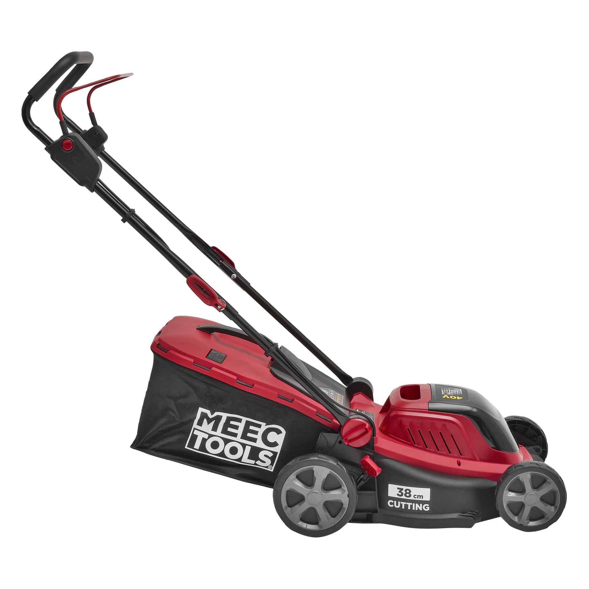 En röd och svart Meec Tools Multiseries 40 V elektrisk gräsklippare med 38 cm klippbredd, två handtag, fyra hjul, en svart ram och en gräsuppsamlingspåse.