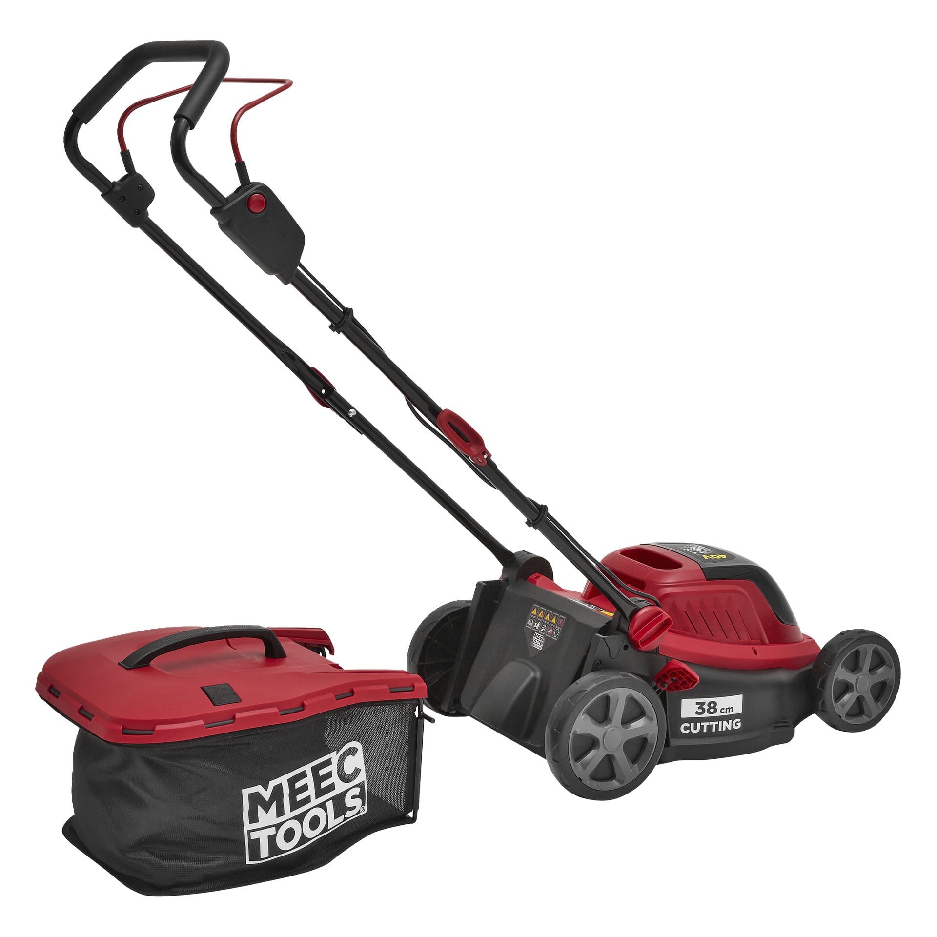 En röd och svart Meec Tools Multiseries 40 V elektrisk gräsklippare med en avtagbar svart gräsväska, stora bakhjul och ett justerbart handtag.