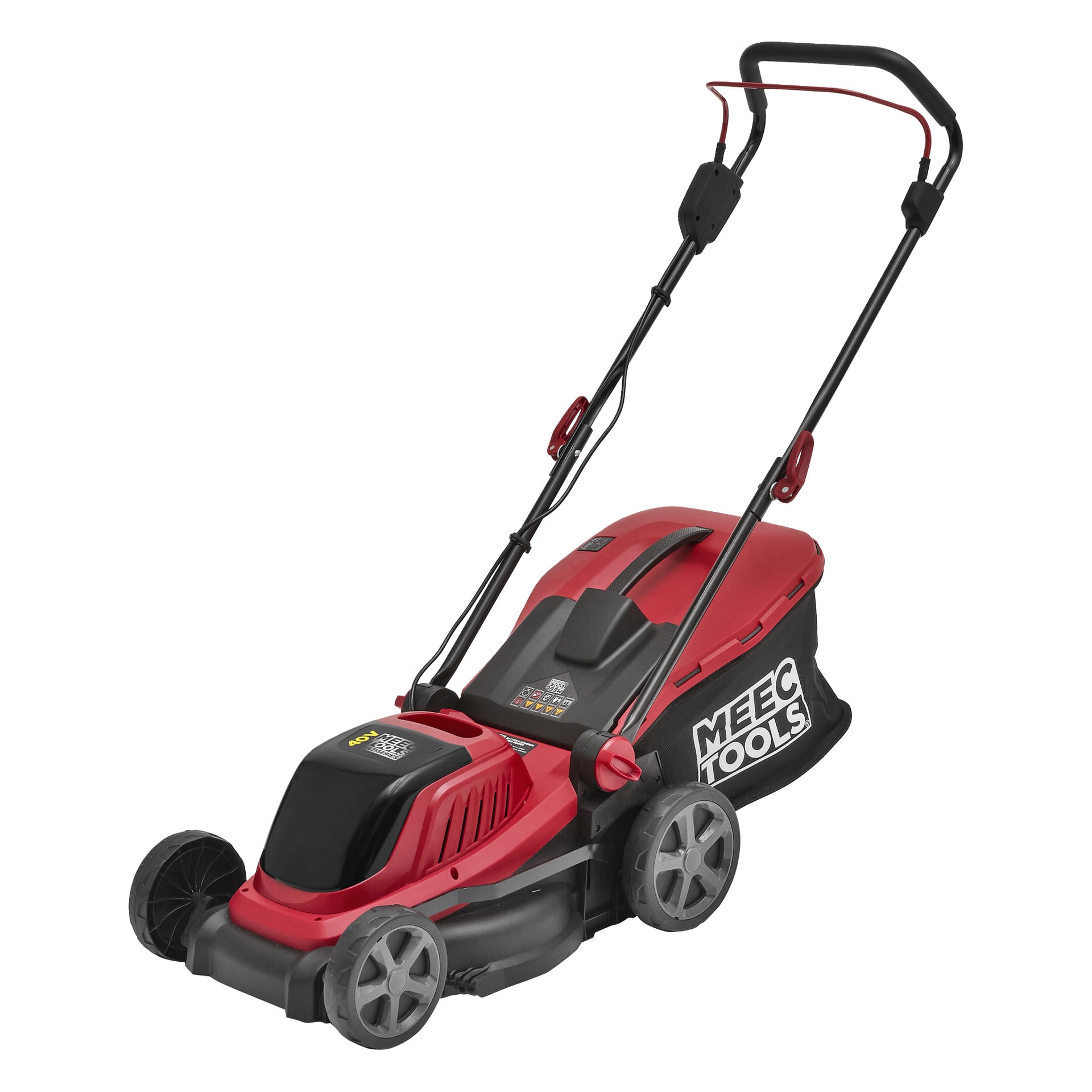 En röd och svart Meec Tools Multiseries 40 V elektrisk gräsklippare har fyra hjul, en gräsuppsamlingspåse, ett styre med handtag och justeringsspakar nära hjulen.