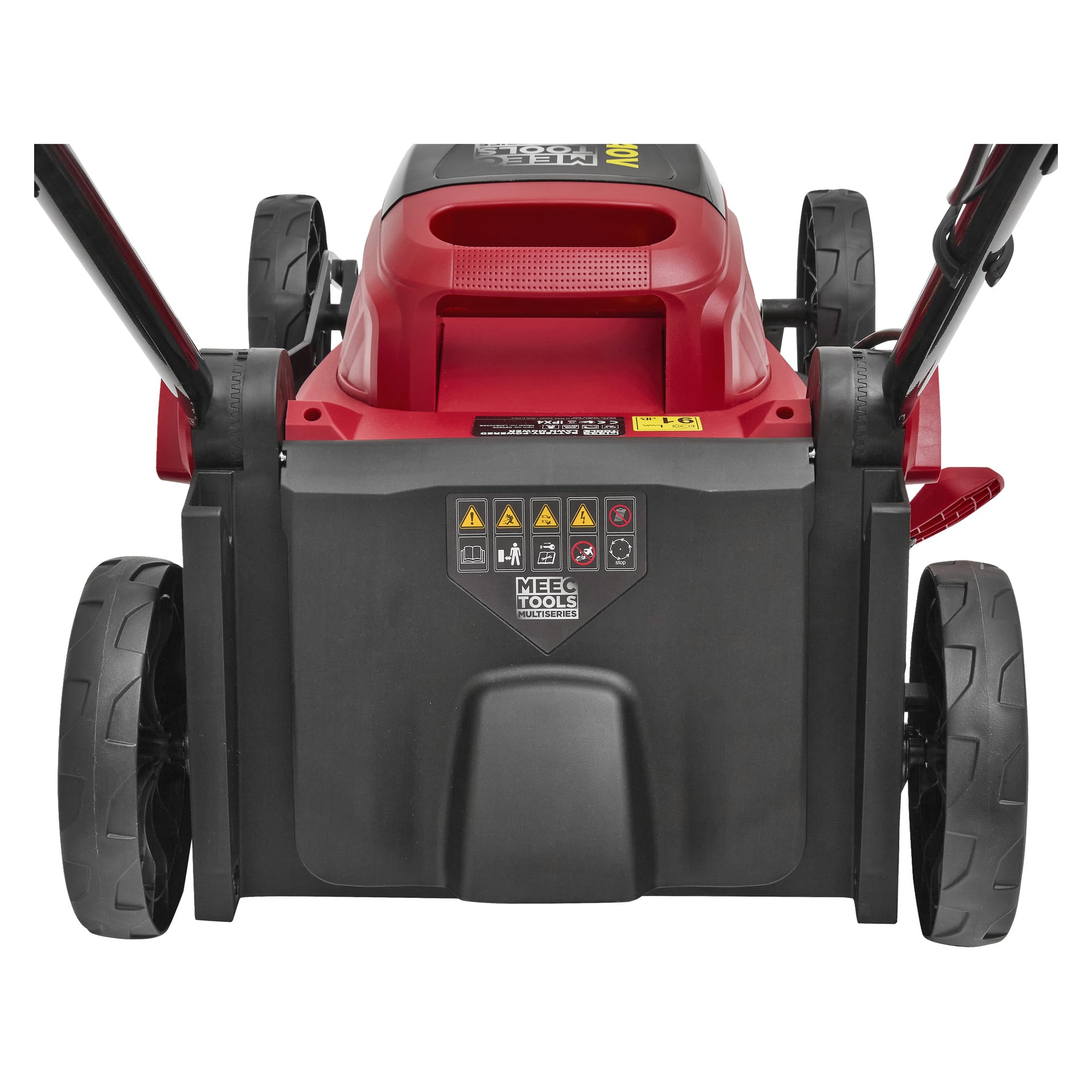 Närbild av baksidan på en röd och svart Meec Tools Multiseries 40 V elektrisk gräsklippare, med hjul, handtagsstöd, varningsetiketter och varumärkets logotyp på bakpanelen.