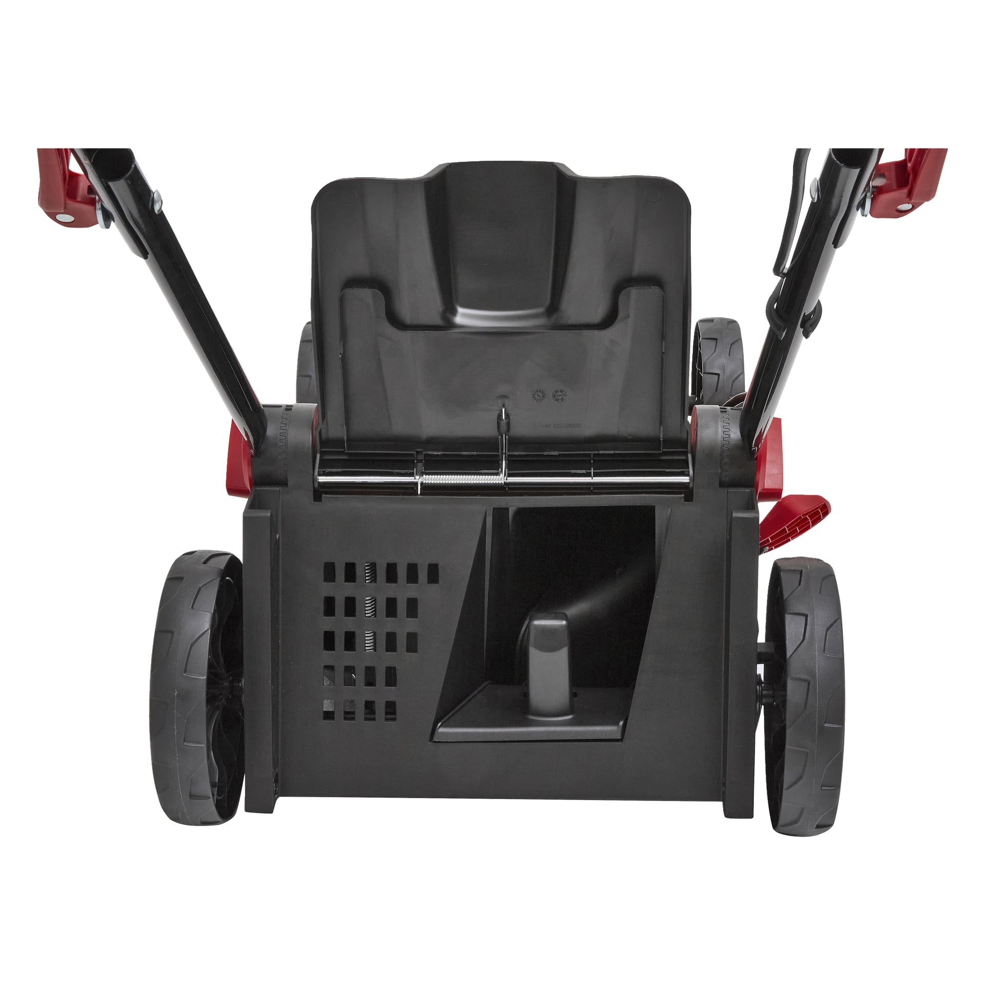 Närbild av den bakre undersidan av en Meec Tools Multiseries 40 V gräsklippare, med hjul, svart plasthölje och ett öppet fack för uppsamling av gräsklipp.