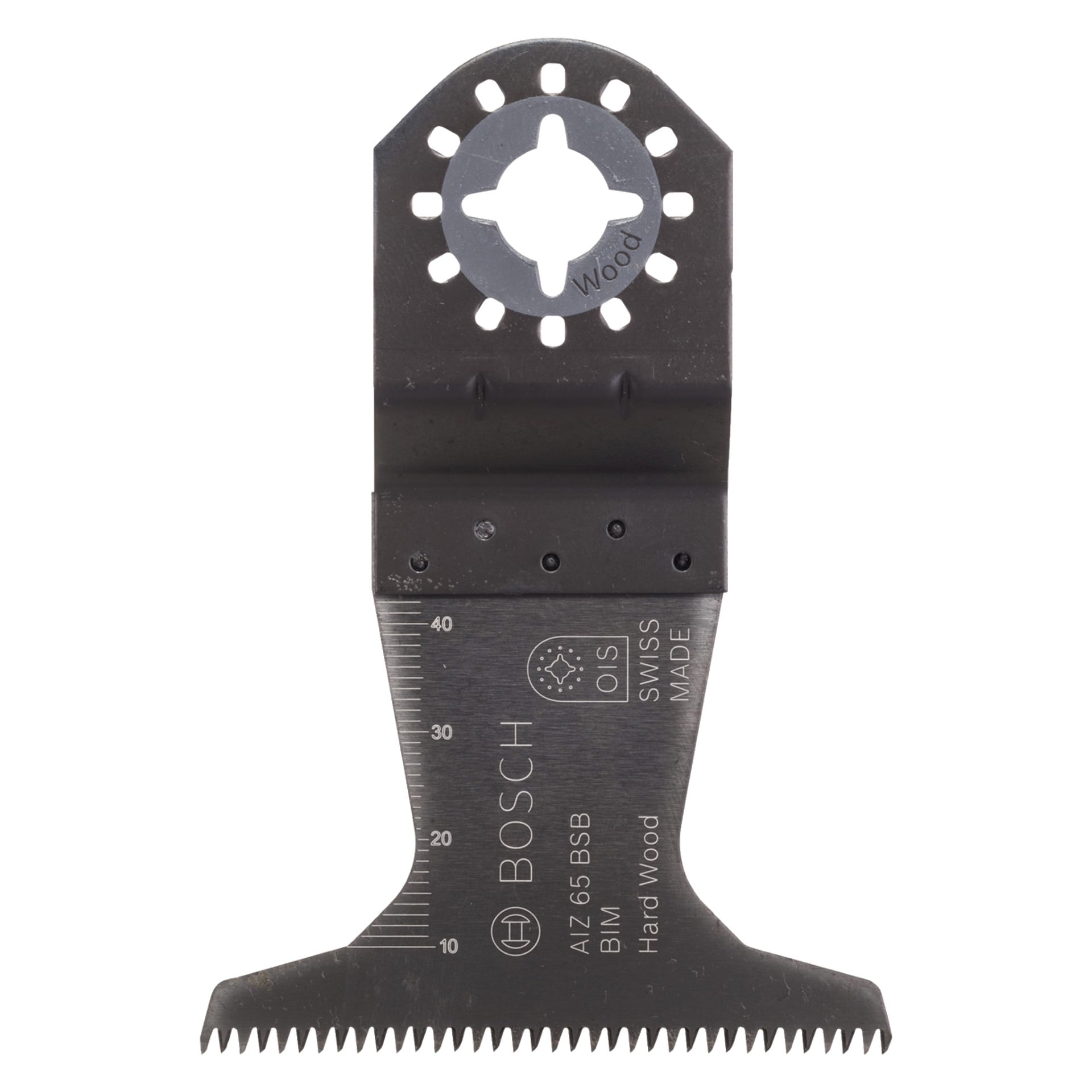 Ett Bosch Pro Saws AIZ 65 BSB multiverktygsblad för att skära hårdträ, med svart finish, millimetermarkeringar, tandad egg och stjärnformat monteringshål upptill.