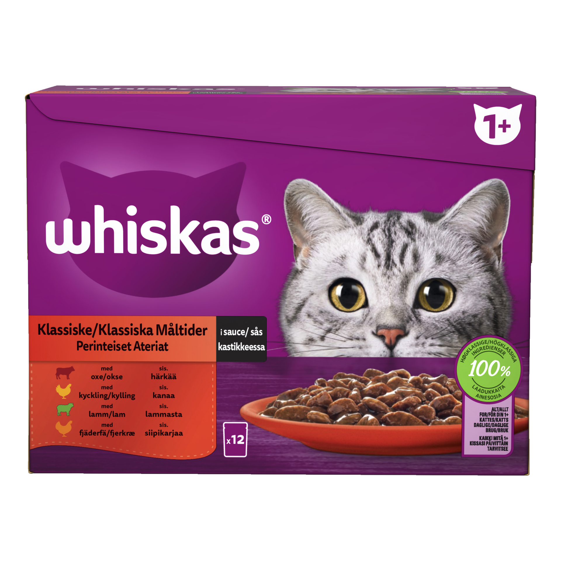 En 12-pack låda med Whiskas kattmat 1+ Classic Meals, som visar en närbild på ansiktet på en grå tabbykatt, produktdetaljer och en tallrik med blötmat framför förpackningen. Avsedd för katter från 1 år och uppåt.