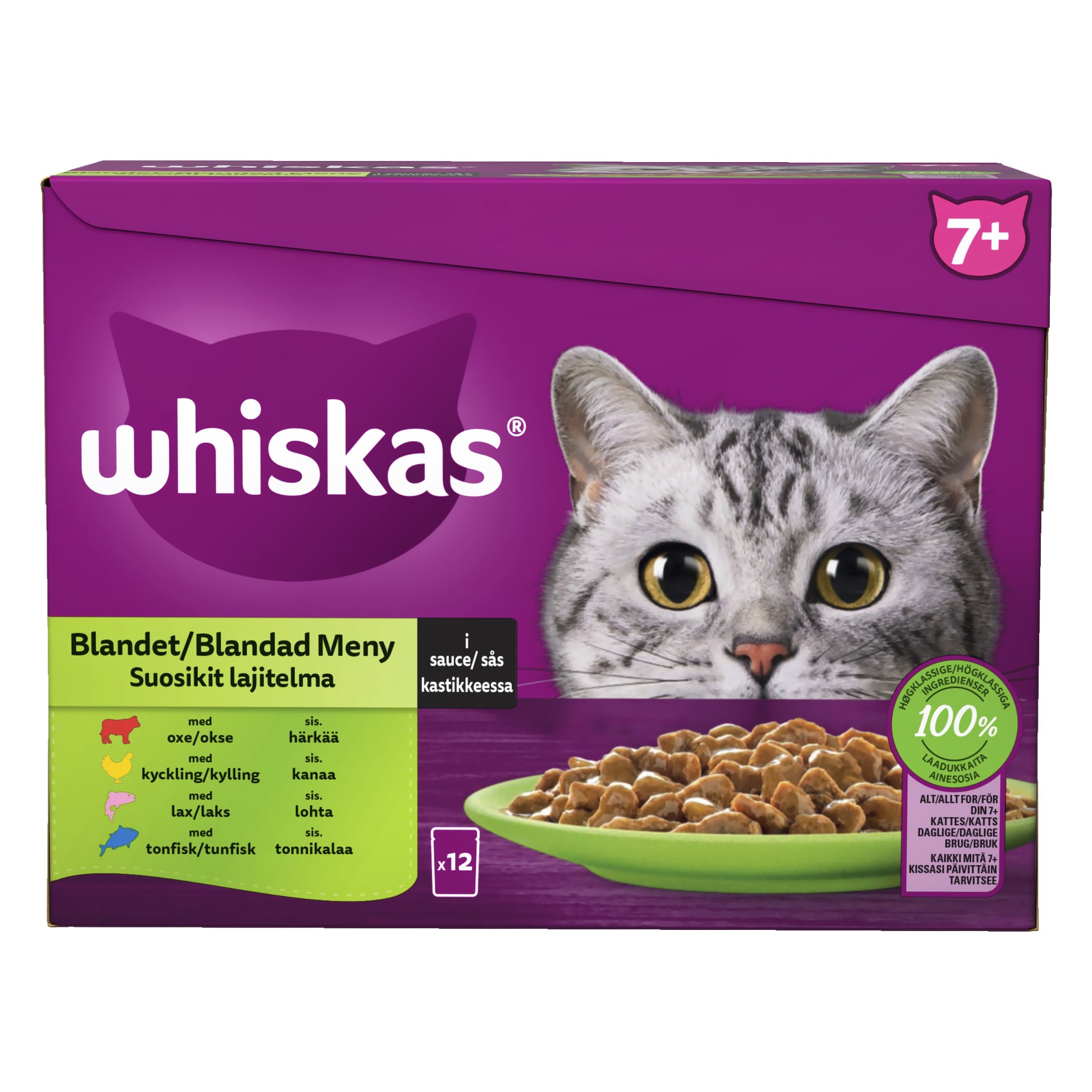 Whiskas Cat Food 7+ Mixed Selection 12-pack för äldre katter, som mestadels består av lila och grön förpackning, visar en närbild på ansiktet på en grå tabbykatt, en grön skål med mat och detaljer om de inkluderade smakerna på förpackningen.