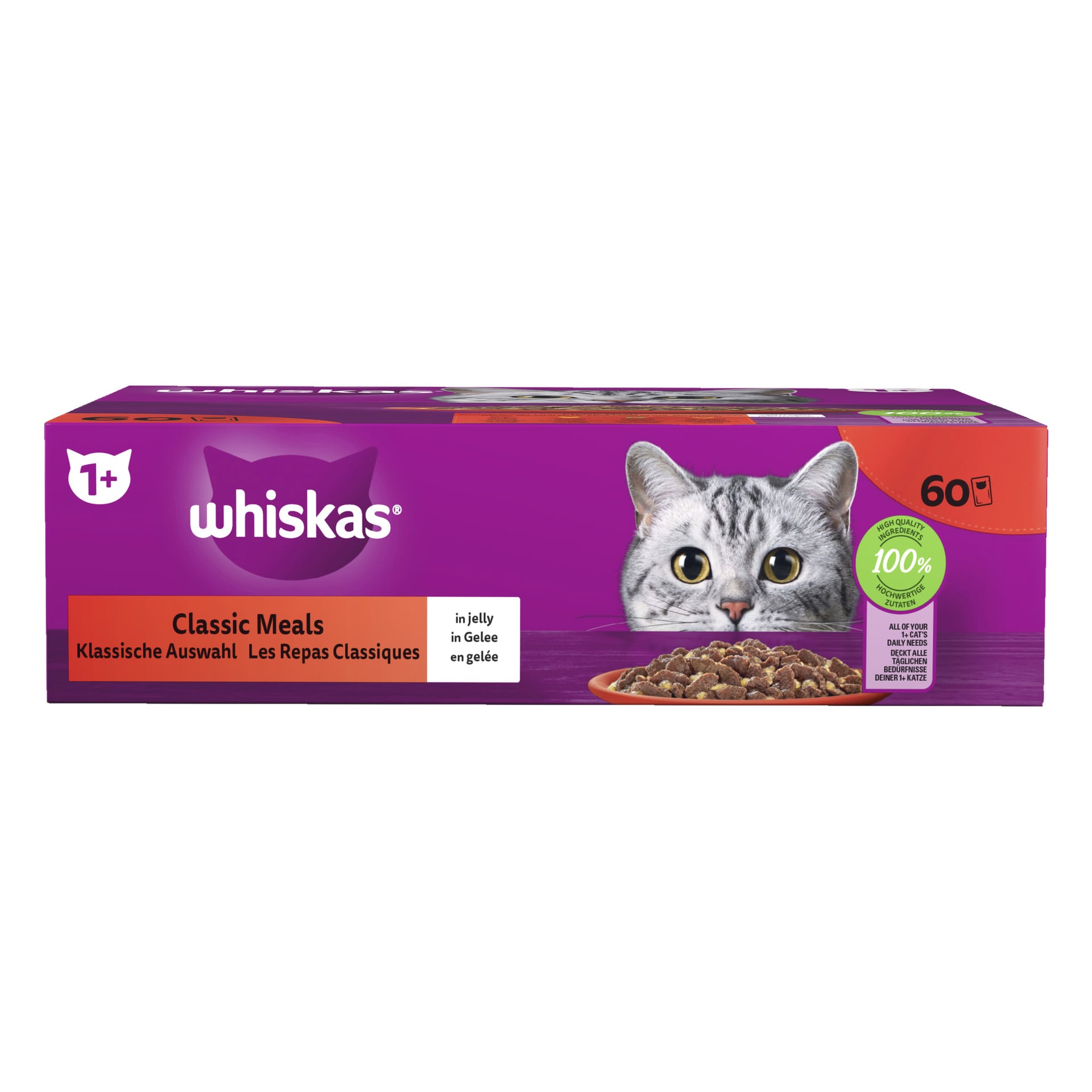 Ett 60-pack Whiskas Cat Food 1+ Classic Meals för katter från 1 år och uppåt, med förpackning som visar ett grått kattansikte och en skål med mat mot en lila bakgrund med orange och gröna accenter. Förpackningen visar produktinformation på flera språk.