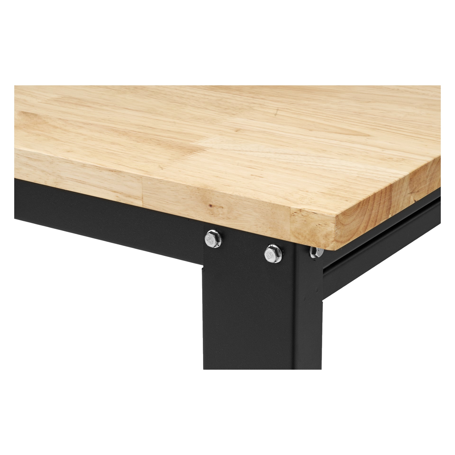 En närbild på Hard Head Workbench framhäver dess ljusa träbordsskiva och robusta svartmetallram, med bultar som fäster hörnen.