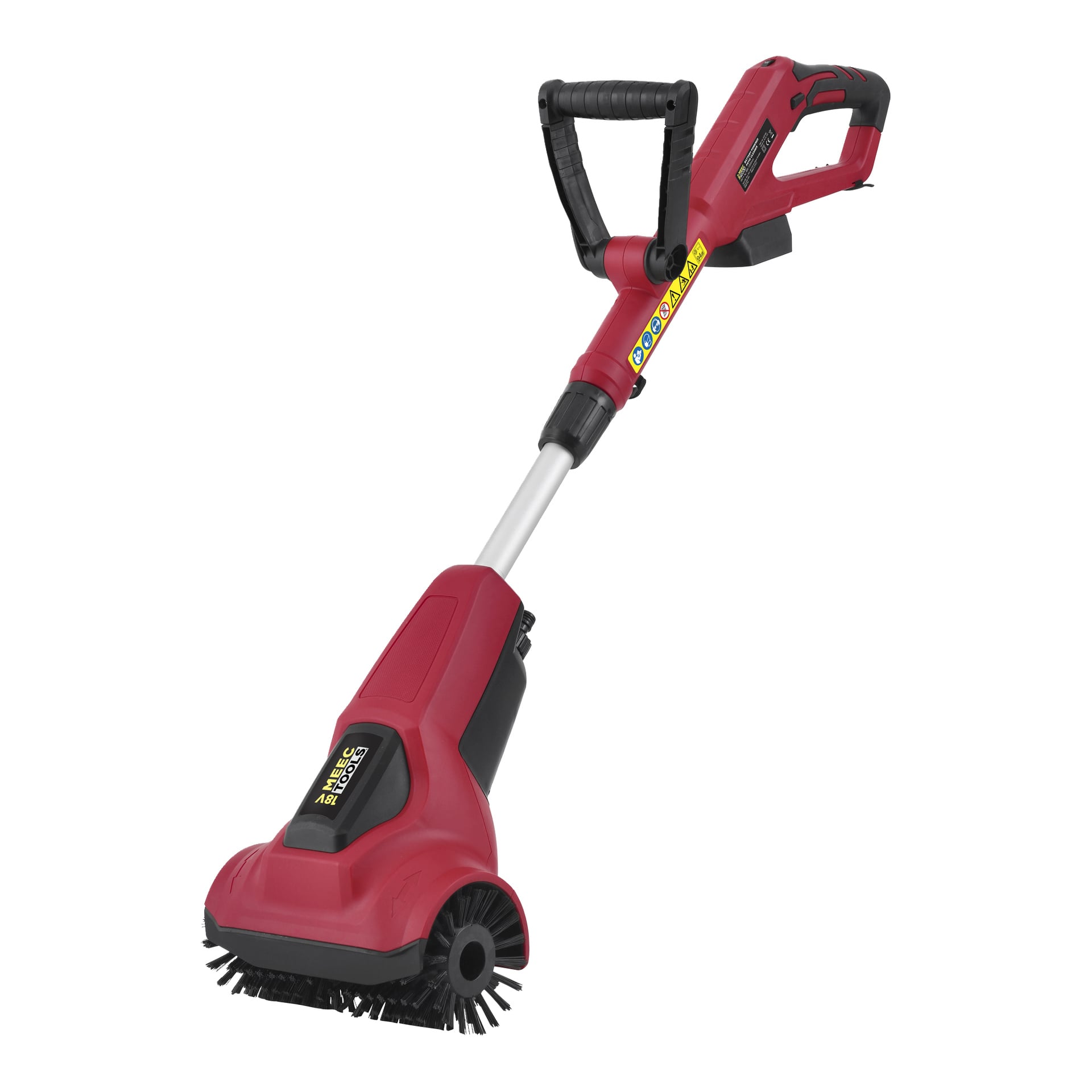 En röd och svart Meec Tools Multiseries batteridriven uteplatsrengörare PW-18V HOME 530, utrustad med roterande borsthuvud, teleskopiskt handtag och ergonomiskt grepp.