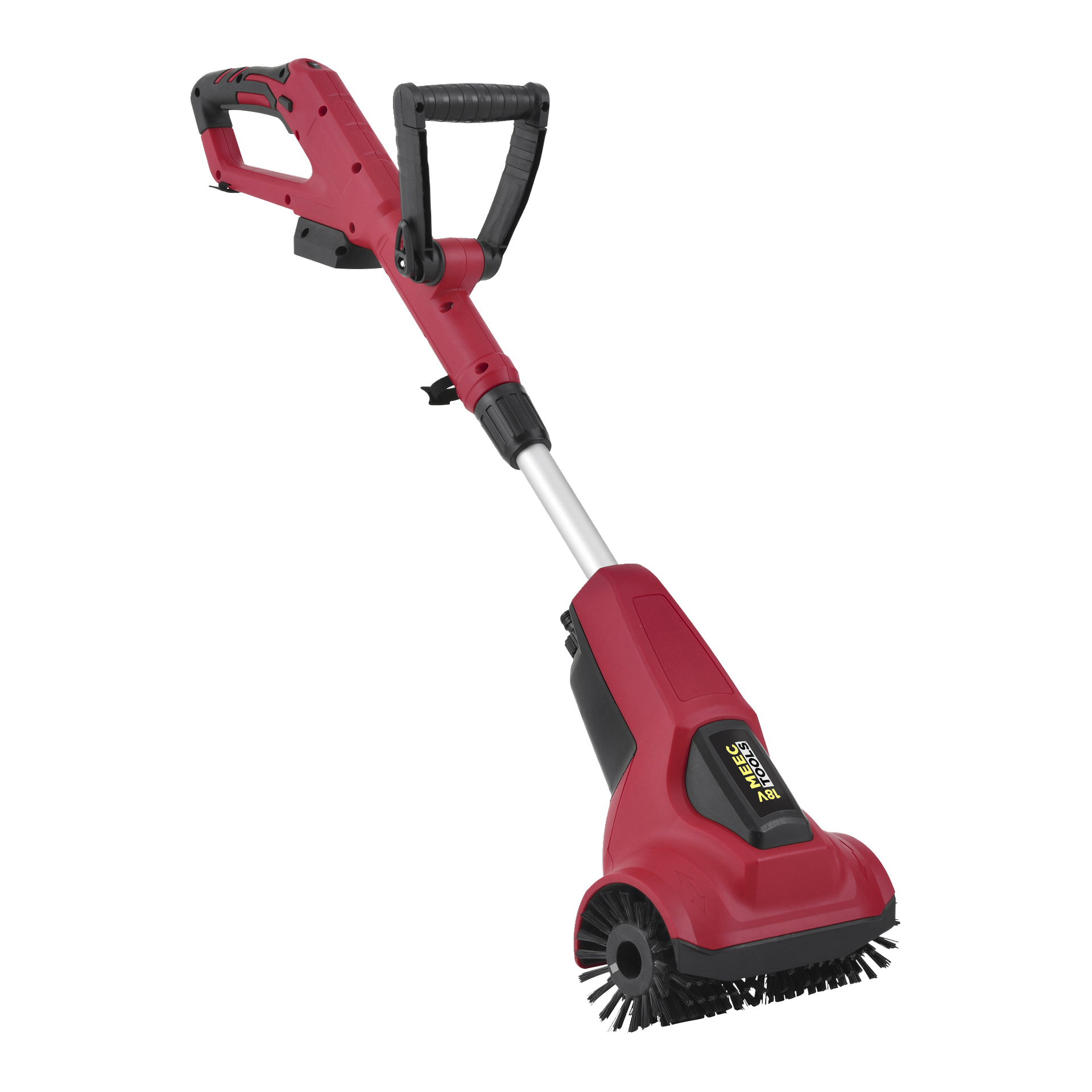 Meec Tools Multiseries PW-18V HOME 530 är en röd och svart sladdlös uteplatsrengörare med långt handtag, sidogrepp och roterande borsthuvud, avsedd för effektiv rengöring av uteplatser, uppfarter och andra utomhusytor.
