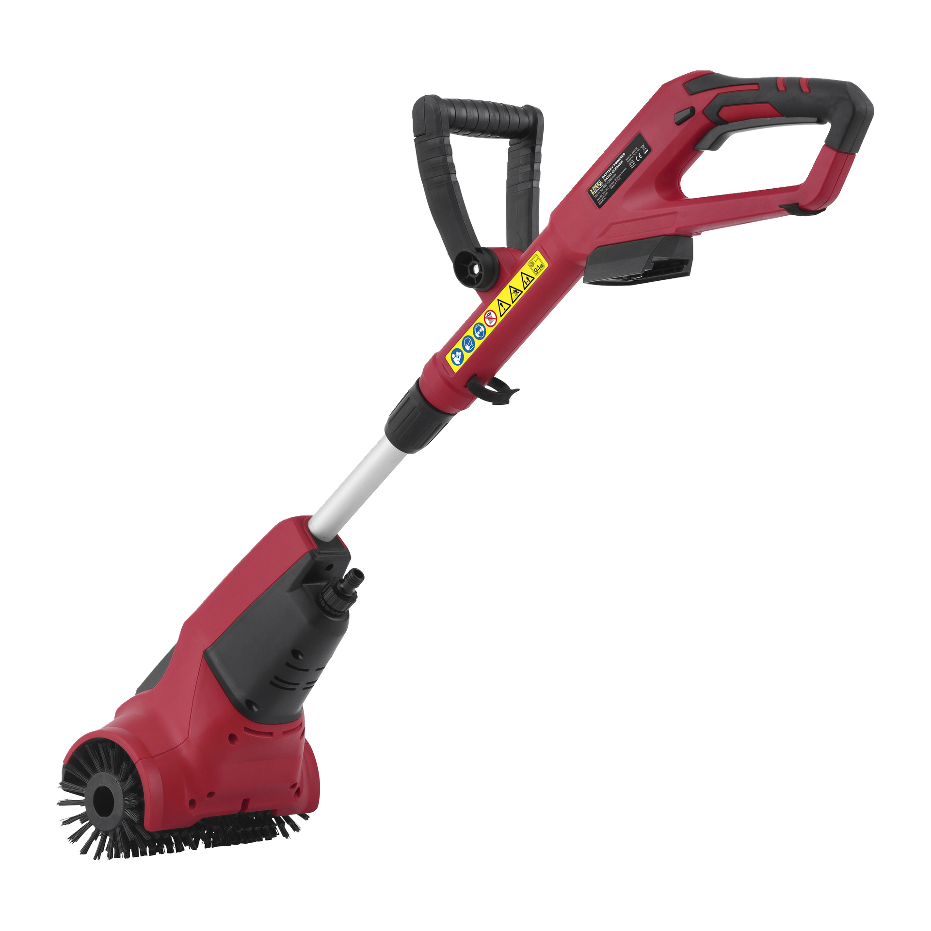 Meec Tools Multiseries PW-18V HOME 530 är en röd och svart batteridriven uteplatsrengörare med handtag, förlängd axel med säkerhets- och varningsetiketter samt ett roterande borsthuvud för effektiv ytrengöring.
