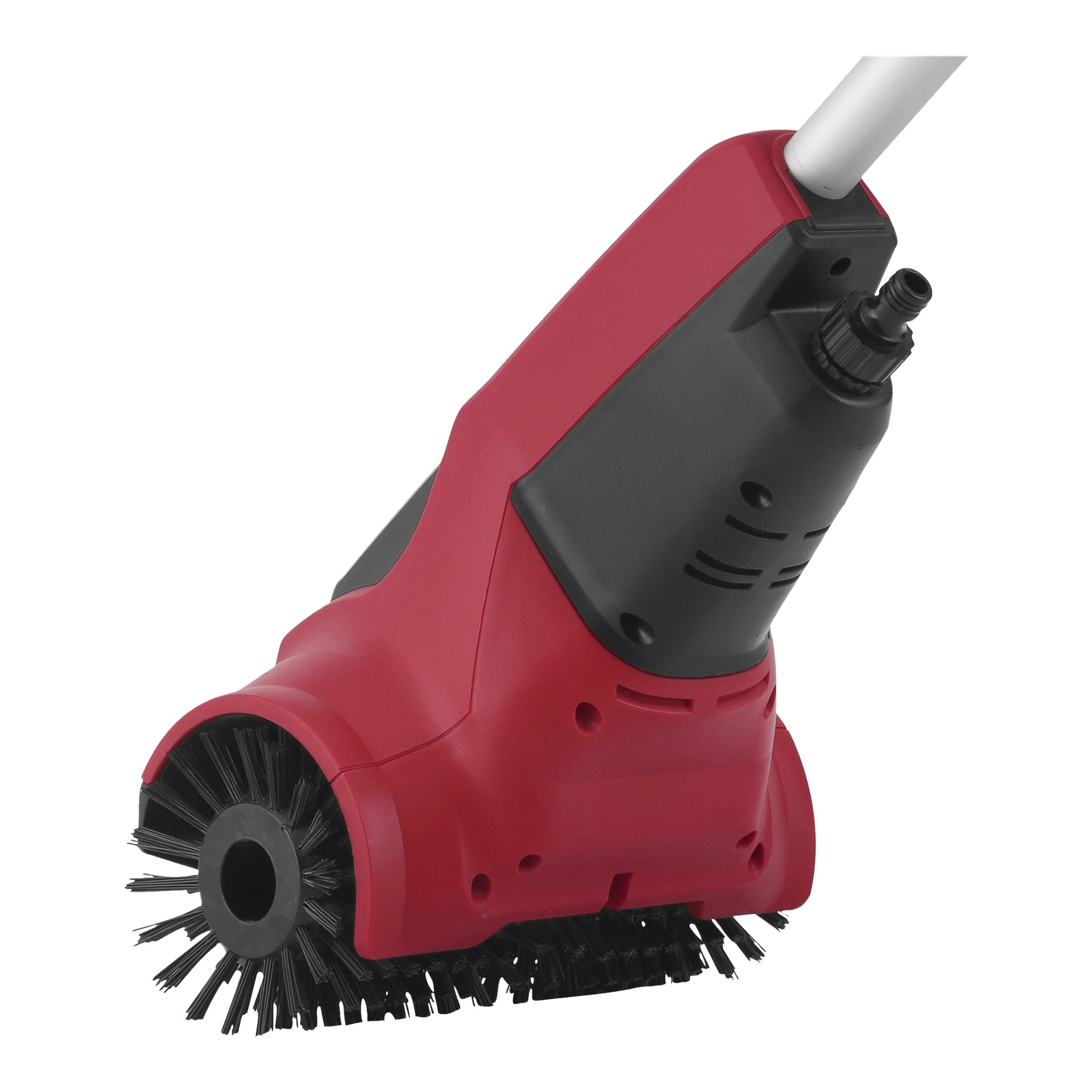 Närbild på Meec Tools Multiseries batteridrivna uteplatsrengörare PW-18V HOME 530, som visar dess röda och svarta färgschema, runda borsthuvud och handtagsfäste avsett för yttvätt.
