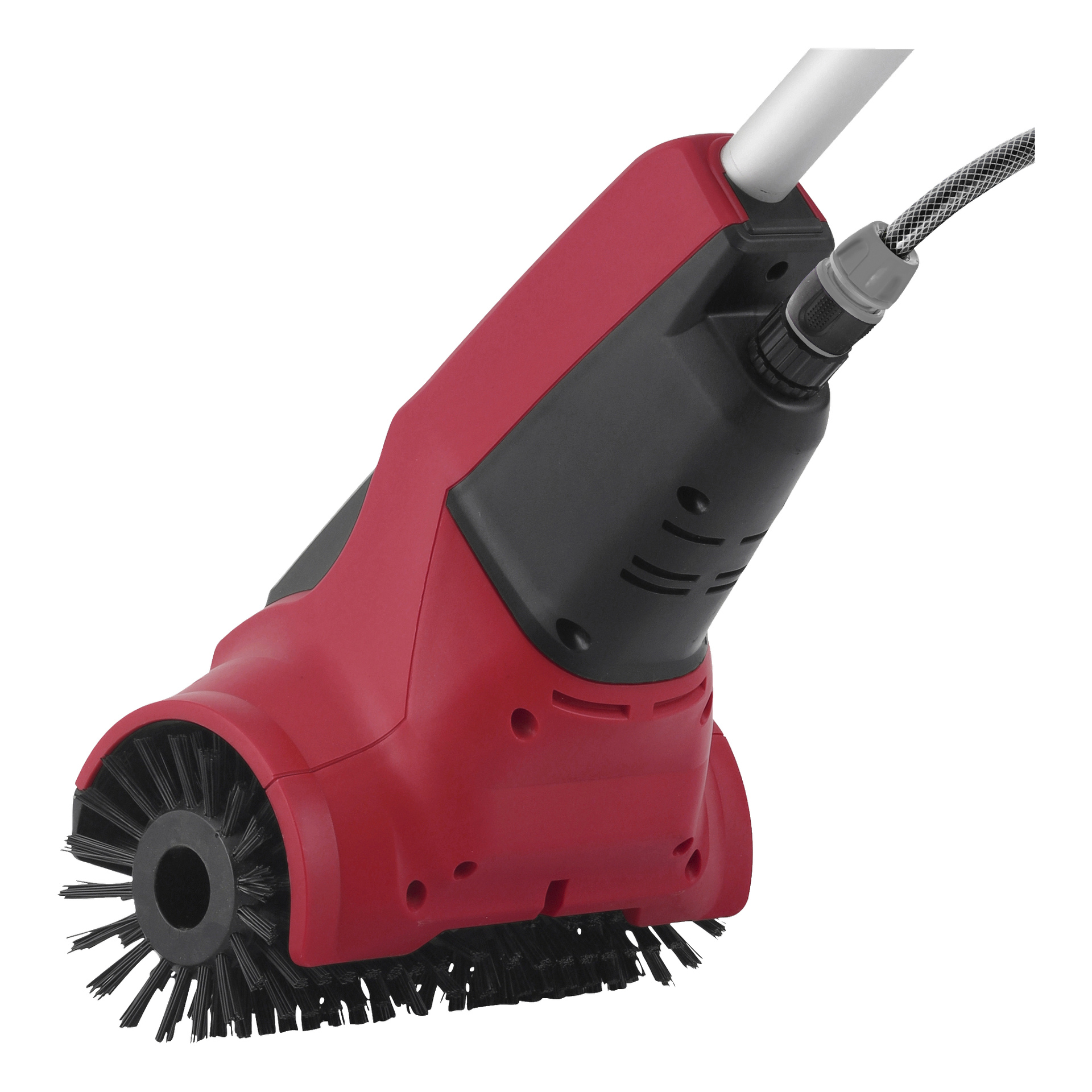 Närbild av Meec Tools Multiseries PW-18V HOME 530 batteridrivna uteplatsrengörare, med röda och svarta styva borst kopplade till ett handtag och slang, designade för effektiv rengöring av uteplatser eller altaner.