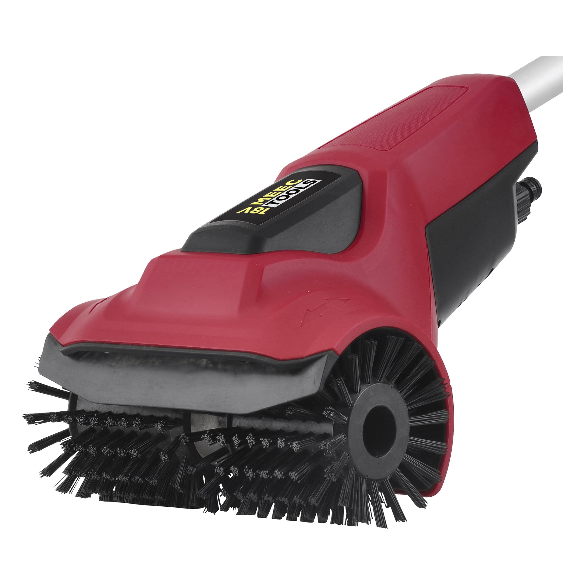 En närbild av Meec Tools Multiseries PW-18V HOME 530 batteridrivna uteplatsrengörare, som framhäver dess styva borst, stadiga plasthandtag och synliga märkning på toppen; Denna elektriska rengöringsborste är byggd för tuffa utomhusstädjobb.