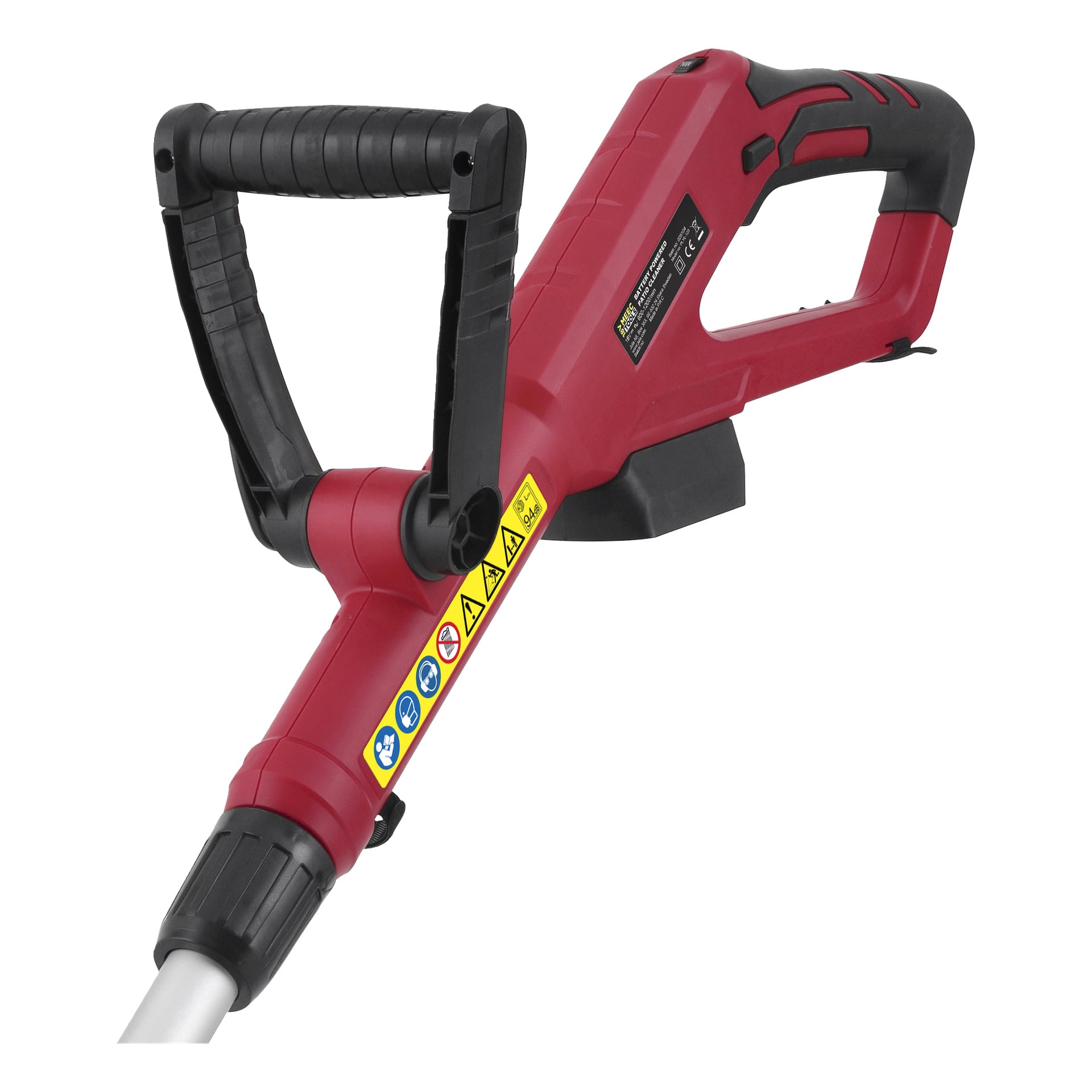 En närbild på Meec Tools Multiseries batteridrivna uteplatsrengöring PW-18V HOME 530-handtaget, med säkerhetsklistermärken, en avtryckarmekanism och ett texturerat grepp.