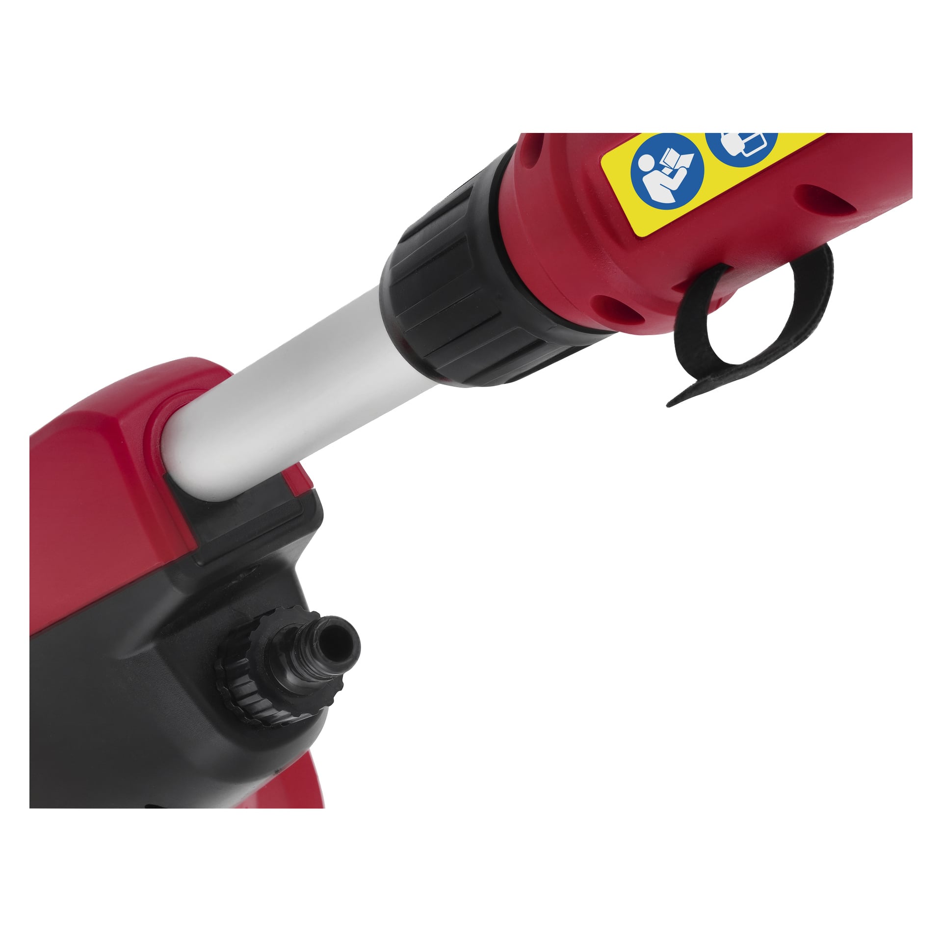 Detaljbild av Meec Tools Multiseries PW-18V HOME 530 batteridrivna uteplatsrengörare, med fokus på anslutningen där ett vitt rör fästs vid huvudenheten. En svart plastkontakt och en gul varningsetikett med blå ikoner syns.