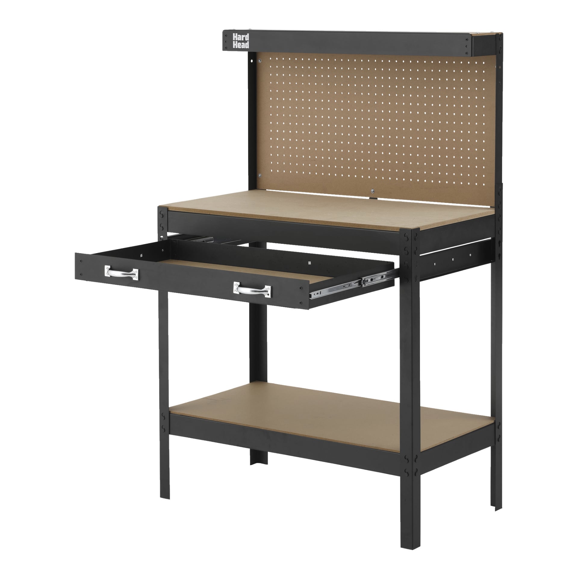 En Hard Head-arbetsbänk med verktygspanel, som visar en robust svart metallram, träbordsskiva, öppen låda, nedre förvaringshylla och en pegboard på baksidan med Hard Head-loggan i övre vänstra hörnet.