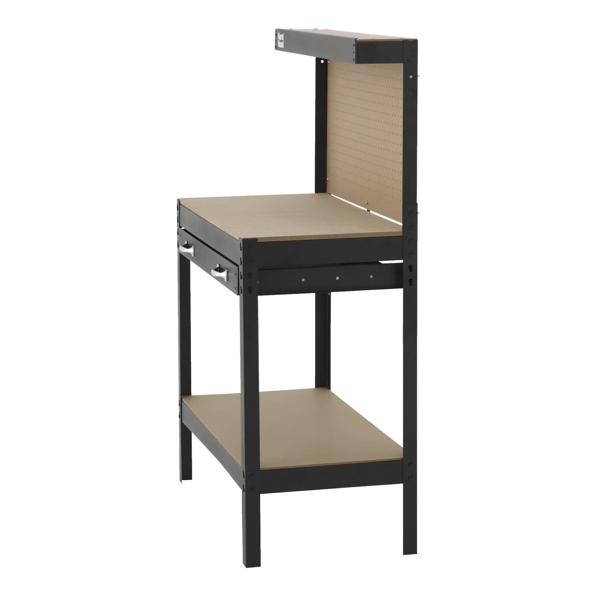 Hard Head Workbench med verktygspanel har en robust svart metallram tillsammans med ljusbruna trähyllor och en arbetsyta. Den är utrustad med en nedre förvaringshylla, en baksida med en pinnplatta för verktyg, två kompakta lådor, en takstång och fyra stadiga ben för stöd.